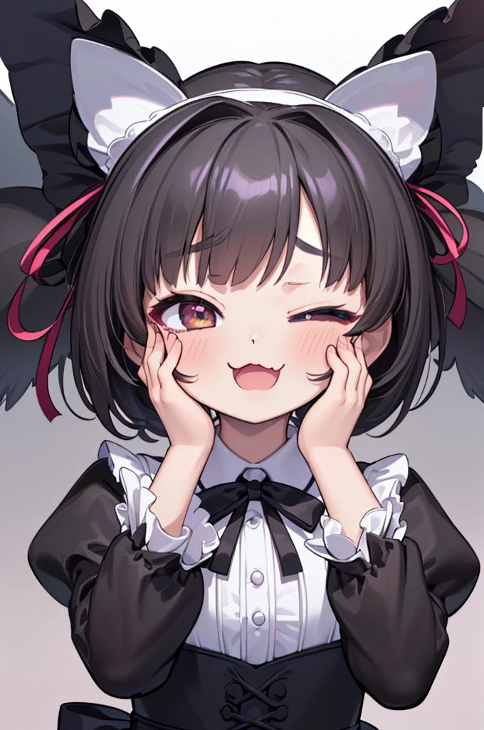 (masterpiece、top-quality、ultra-detailliert、high-resolution illustrations、Ultra-high-definition CG、8k size wallpaper、offcial art、production art)、Skin quality improvement,(Face),(only face:1.5)、(Face Focus:1.5)、(close to viewer:1.5)、(Gothic lolita:1.3)、(((;3:1.5)))、(girl with)、(short twintails),(one eye closed:1.5),(Excited eyes:1.5)、(big eye)