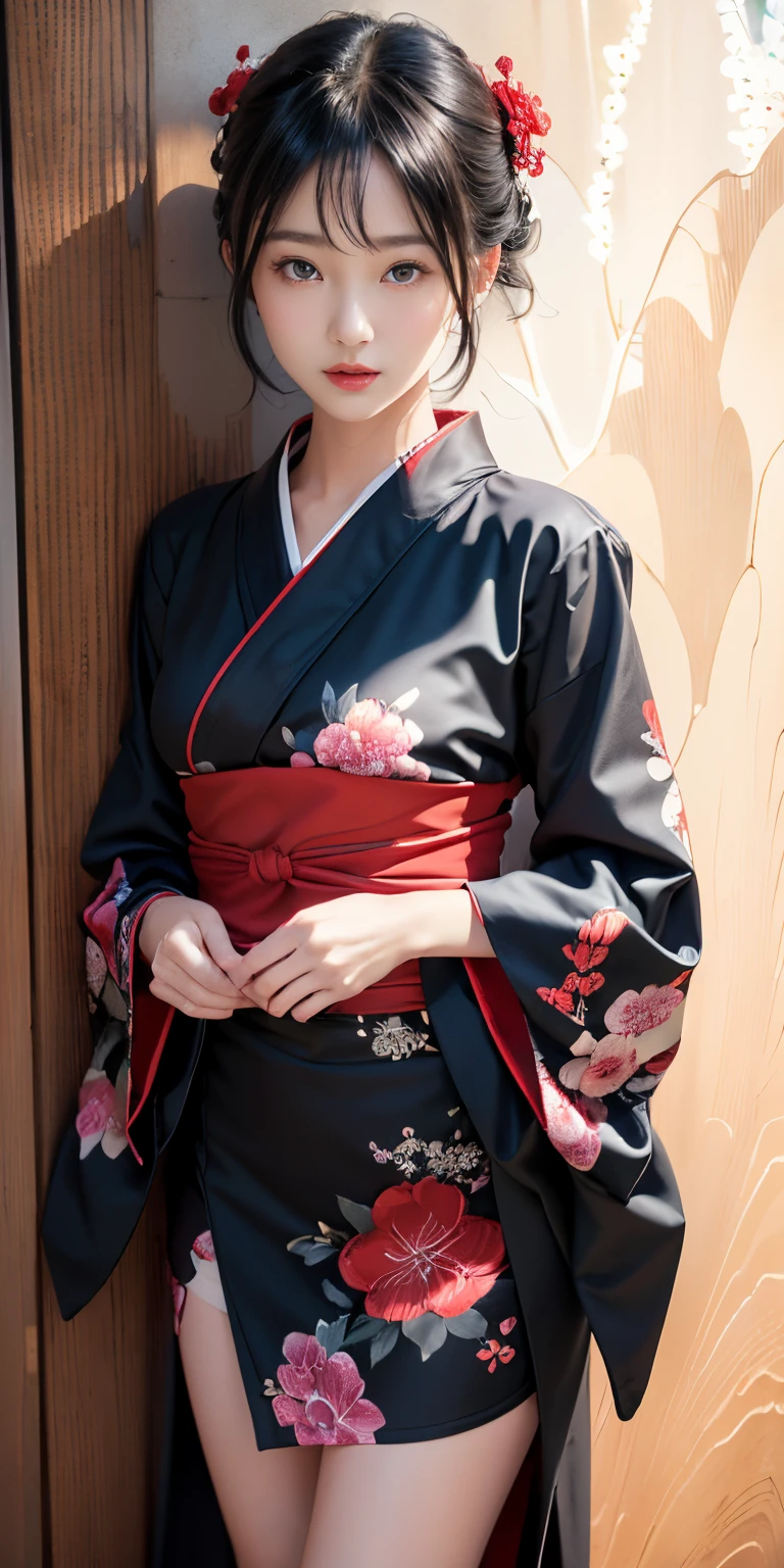 (Light blue kimono:1.2)、(Komono:1.2)、(Bright floral pattern)、(long-sleeve)、1 girl、full body Esbian、(short-haired)、(reallistic:1.7)、((Top image quality))、absurderes、(超A high resolution)、(Photorealsitic:1.6)、Photorealsitic、octane renderings、(hyper realisitic:1.2)、(photorealiscic face:1.2)、(8K)、(4K)、(​masterpiece)、(realistic skin textures)、(illustratio、Cinematographic lighting、wall-paper)、(beautidful eyes:1.2)、((((face perfect))))、(cute little)、(is standing)、red-lips、outside of house、(Japanese Style Country)、Detailed cute face、Realistic Beauty、Light in the eyes、Looking at the camera、placket、Dimples