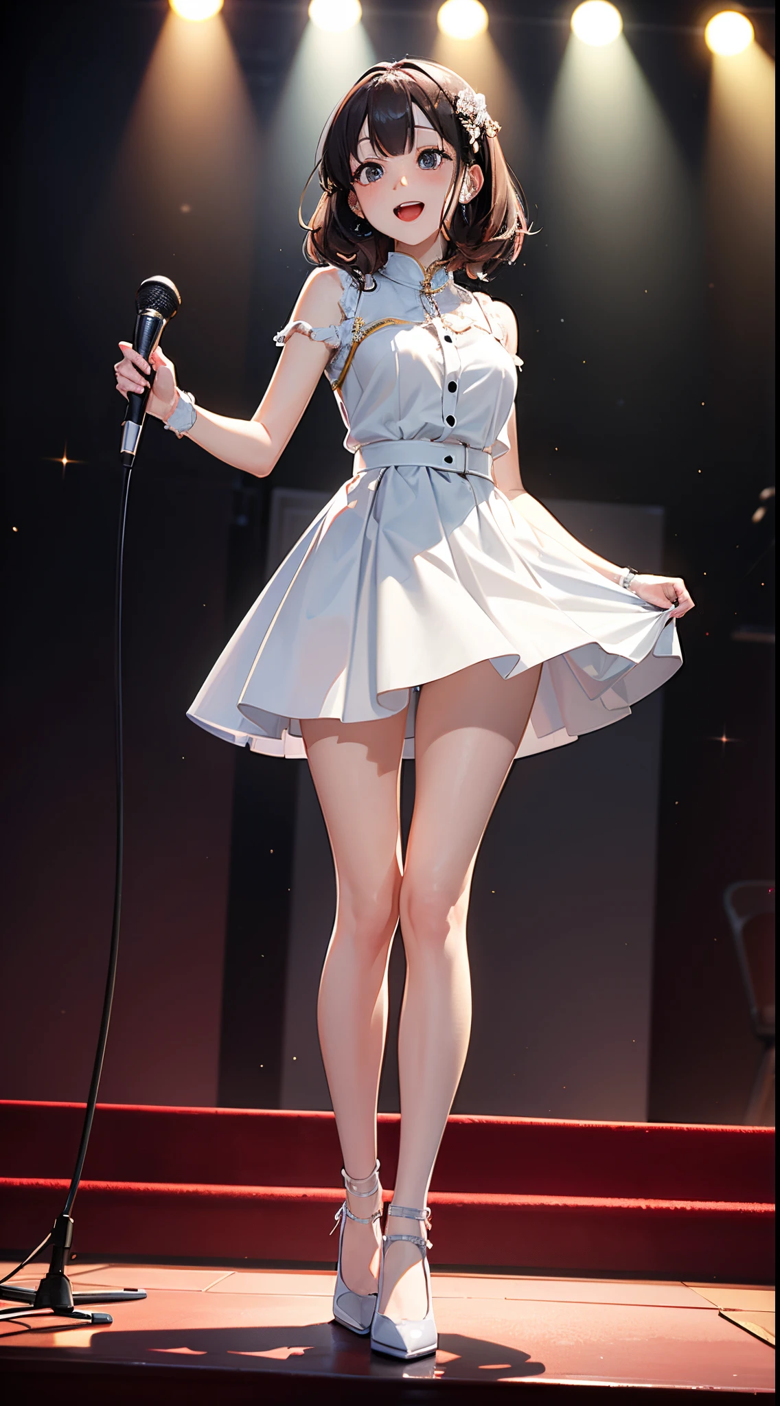 Lively and lovely woman。idoly。Stand on stage and sing。white skirt