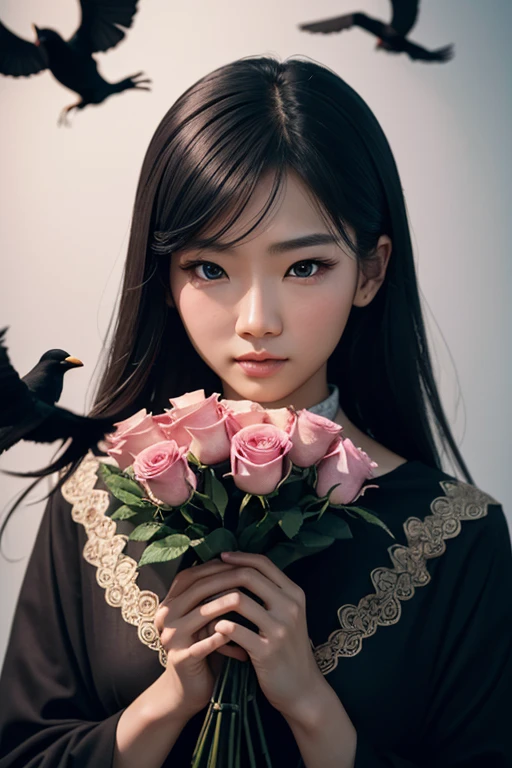 An incredibly detailed close up macro beauty photo of an Asian model, hands holding a bouquet of pink roses, surrounded by scary crows from hell. Shot on a Hasselblad medium format camera with a 100mm lens. Unmistakable to a photograph. Cinematic lighting. Photographed by Tim Walker, trending on 500px –ar 4:5 –s 750 –niji 5 –v 5 –q2