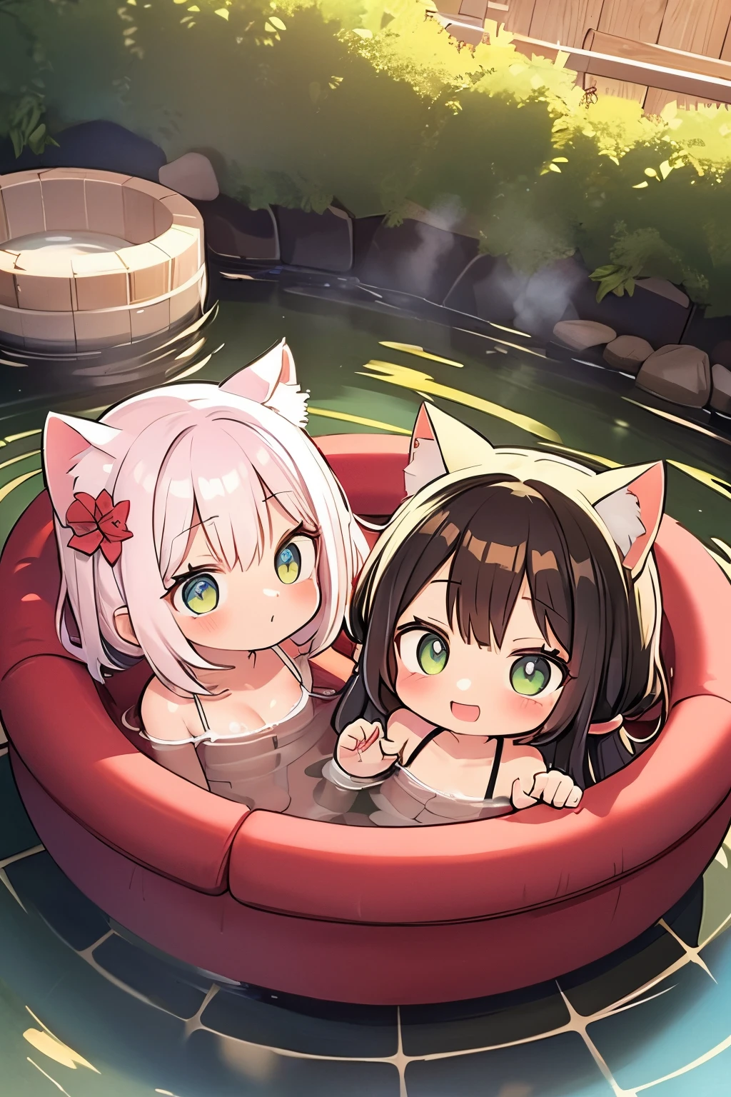 masutepiece、Two girls anthropomorphizing kittens、Infant body type、Chibi、Cat ears and tail、snowscape、full 、Spread legs ,relaxed expression、hot onsen、Take an open-air bath、Chibi