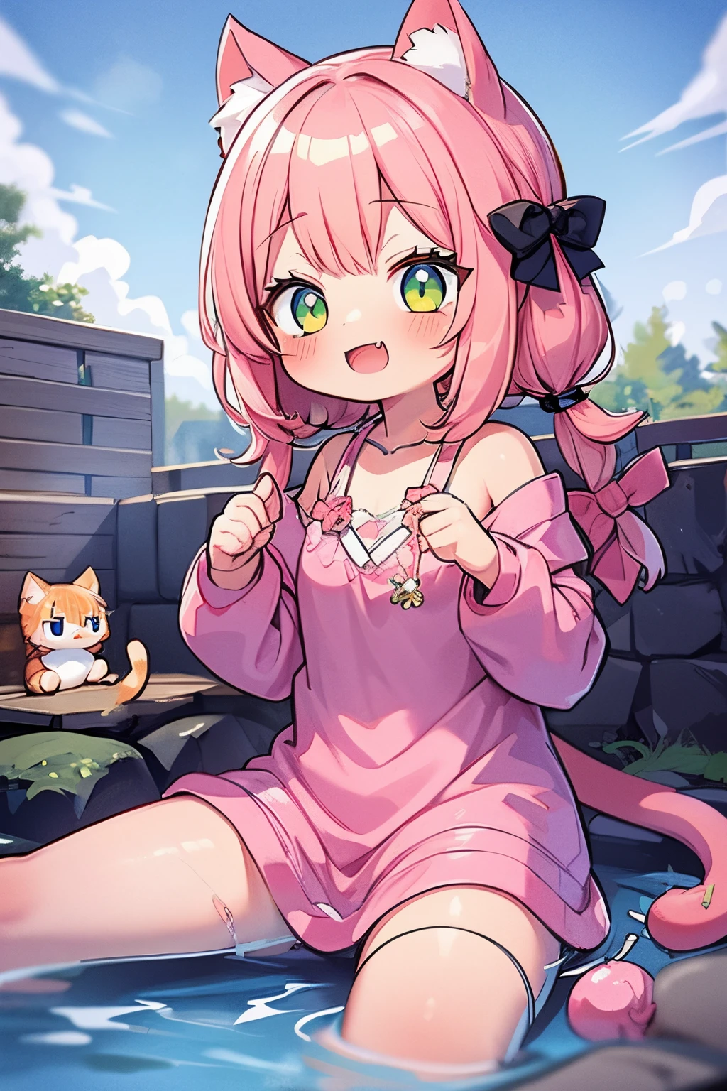 masutepiece、Two girls anthropomorphizing kittens、Infant body type、Chibi、Cat ears and tail、snowscape、full 、Spread legs ,relaxed expression、hot onsen、Take an open-air bath、Chibi