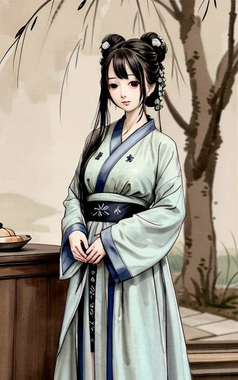 shukezouma, Negative Space, , shuimobysim , Portrait of a woman standing , Willow branches (master-piece, beste-Qualit:1.2), ancient chinese ink painting, Model style, tranquil, (smirk) Look at the audience., Wear a long hanfu dress., hanfu, song, Willow tree in the background, Wuchangshuo,