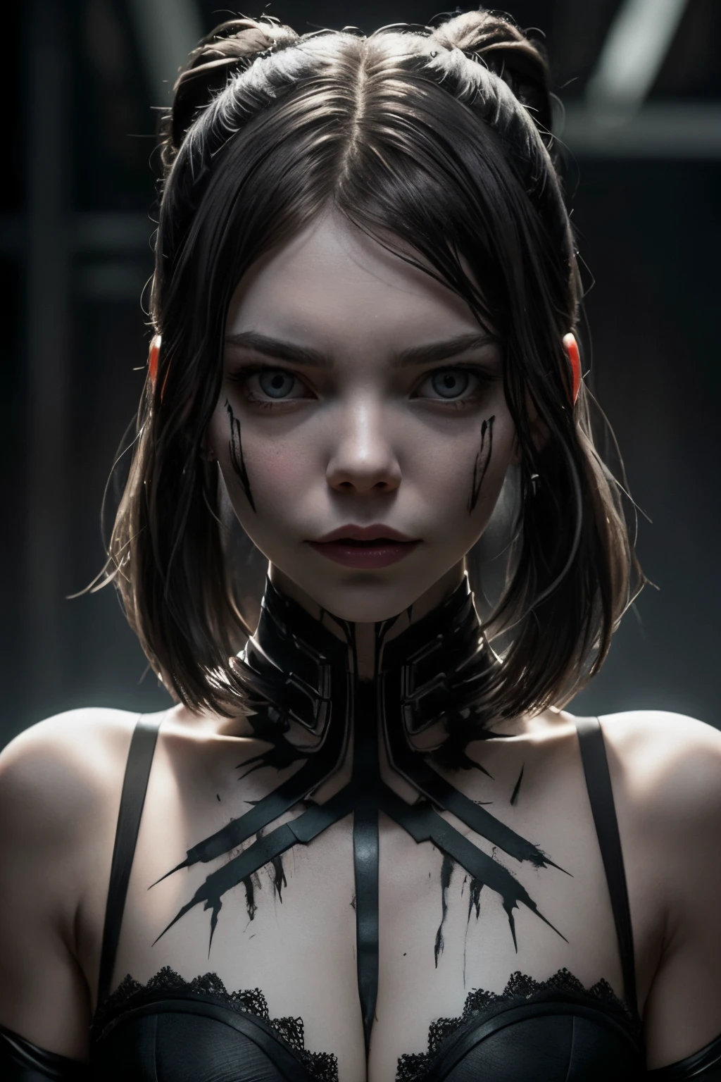 "Generate an AI image depicting Anya Taylor-Joy with a sinister and malevolent demeanor, embodying the character of an evil ripper."