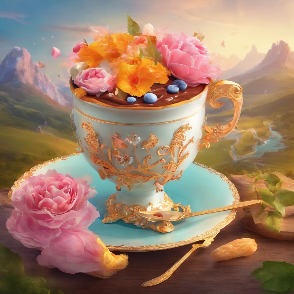 projected inset, Rococo style, hyper HD, masutepiece, ccurate, Super Detail, high details, awardwinning, High quality, 8K
（Close up of royal premium tea cup and whipped cream cake），（Scoop，fresh flowers，butterflys，Chocolate）（Perfect integration：1.37），Surrealist stunning food illustrations, amazing composition, Cooking Art Photography, Great food pictures, 3 Illustration, Artwork Baking, cinema 4 d art, Authors：by Marie Bashkirtseff, made with photoshop, 3D Collage, 3 d epic illustrations, beeple. hyperphotorealism