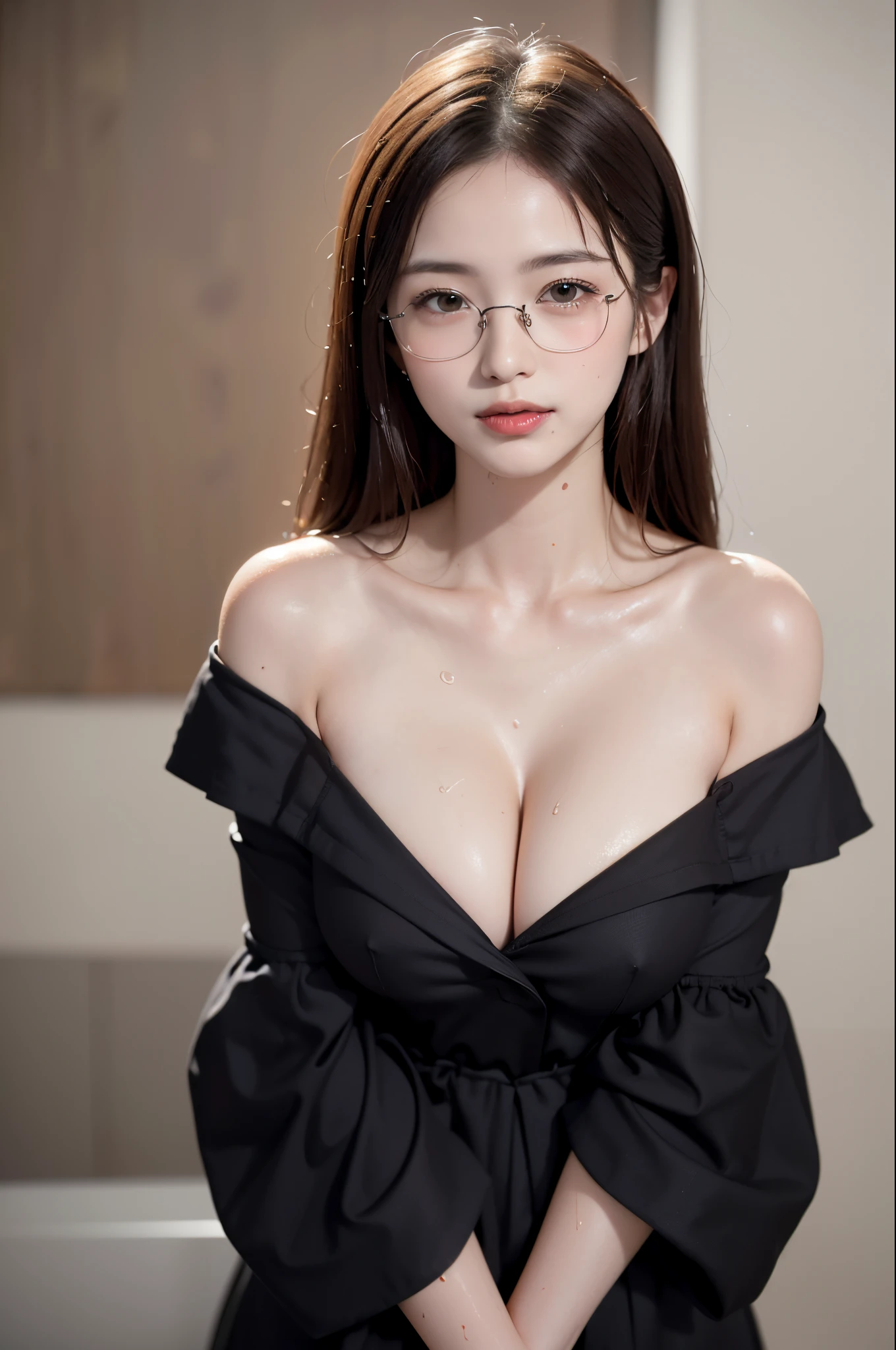 (((a girl with long hair:1.3, Solo))), (Looking here)、Very pretty and beautiful Japan woman, (sexymodel), professional attire, (25-years old: 1.1), (From below:1.3), (low angles:1.3), (Ground Level Shots:1.3), ((girl on top:1.5)), (behind arms、fit derrier、Between the legs:1.3), (Attractive random poses:1.3), (Glass-enclosed shower room:1.3), Break HA, ((Very small head))、(straight haired:1.3), (shiny brown thin hair:1.2), Bangs, dark brown eyes, Beautiful eyes, Princess Eyes, Bangs, hair between eye, Longhaire:1.3, curby, Abs, Perfect Abs, (largebreasts:2.0, drooping chest:1.8, disproportionate-breasted:1.8,cleavage of the breast:1.5), (thin waist: 1.5, Abs:0.95), (Detailed beautiful girl: 1.4), Parted lips, Red lips, Full Makeup Face,((Shiny skin:1.3)), ((Perfect female body)), (Upper body image:1.3), Perfect Anatomy, Perfect proportions, (The faces of the most beautiful Korean actresses:1.3, Very cute and beautiful Japan actress face:1.3, Seductive light smile, Happy, BREAK, (Bare shoulder, Chest squeezed together, View Viewer, ((Attention to detail、very tight and sheer off shoulder black dress:1.3)))、detailed  clothes, BREAK, (Simple shower room background:1.2, taking shower, Soap Bottle), (Dark background), (Studio Soft Lighting: 1.3), (Fake Lite: 1.3), (Backlight: 1.3), BREAK, (Realistic, Photorealistic: 1.37), (masutepiece, Best Quality: 1.2), (Ultra High Resolution: 1.2), (Raw photo: 1.2), (Sharp Focus: 1.3), (Face Focus: 1.2), (Ultra detailed CG unified 8k wallpaper: 1.2), (Beautiful skin: 1.2), (pale skin: 1.3), (hyper-sharp focus: 1.5), (Ultra Sharp Focus: 1.5), (Beautiful pretty face: 1.3), (hyper detailed background, Detail Background: 1.3), hyper realistic photography, Hyper Sharp Image, Hyper Detail Image、((Reddening cheeks))、((Very oily skin:1.5))、((Clothes that are wet:1.3))、(((Small glasses)))