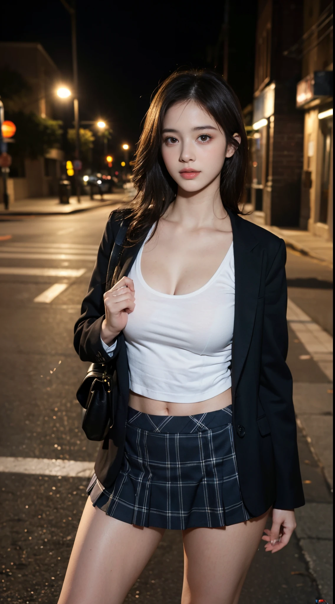 Best quality, masterpiece, ultra high res, (photorealistic:1.4), raw photo, (perfect body shape), (slim:1.2), dynamic pose, 1girl, (full figure:0.9), solo, big breasts, sagging breasts, school uniform, plaid mini skirt, in the dark, night, on the street, deep shadow, low key, cold light 12000K