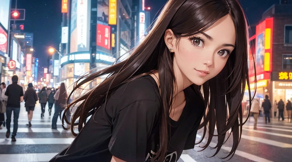 (Best quality at best, A high resolution, tmasterpiece :1.3), one pretty woman, long slim figure, dark brown hair, tee shirt, (City streets at night), Highly Detailed Face and Skin Textur, 詳細な目, 二重まぶた