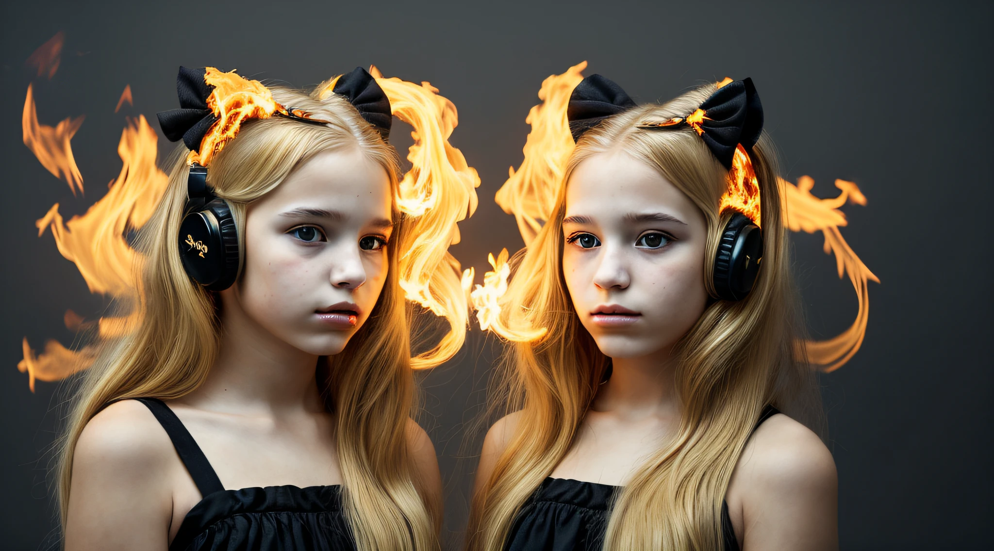 two BLONDE girls with bows on their heads and one wearing a BLACK dress, HEADPHONES FIRE AND FIRE. smoke billowing, gemini twins portrait, faixa de cabelo AMARELO,