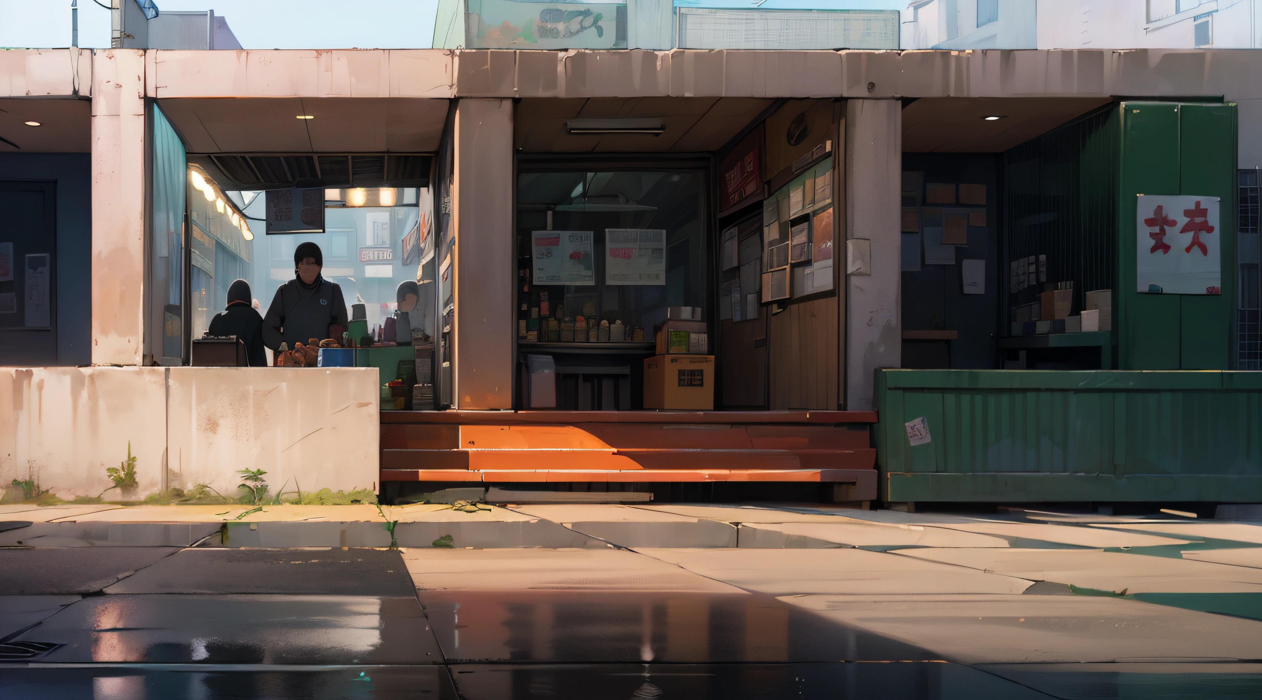 (ghibli style background illustration), (cute small souvenir shop, street food stall, restaurant:1.2), country side, (far away), (road), concrete floor, low wall fence, corner store