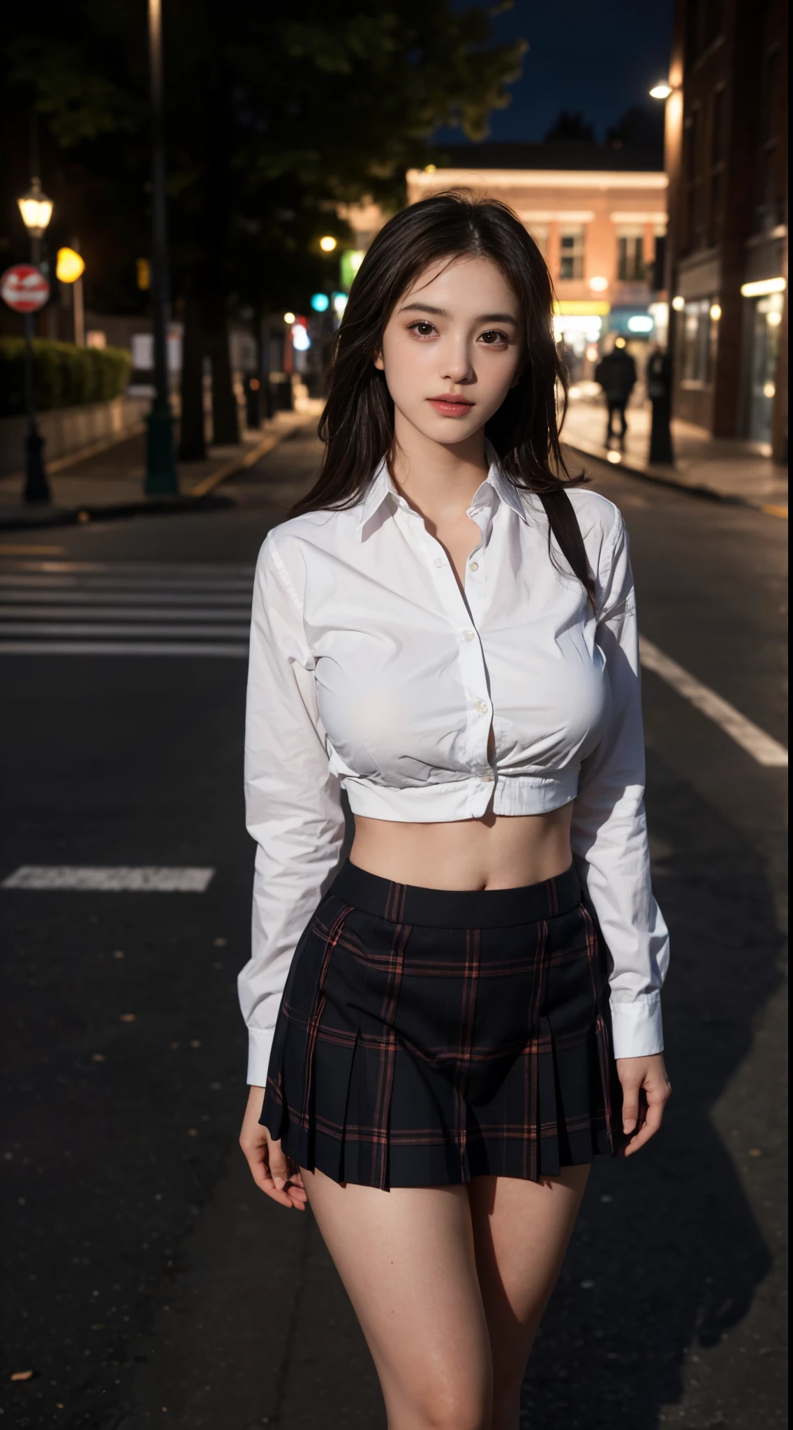 Best quality, masterpiece, ultra high res, (photorealistic:1.4), raw photo, (perfect body shape), (slim:1.2), dynamic pose, 1girl, (full figure:0.9), solo, big breasts, sagging breasts, school uniform, plaid mini skirt, in the dark, night, on the street, deep shadow, low key, cold light 12000K