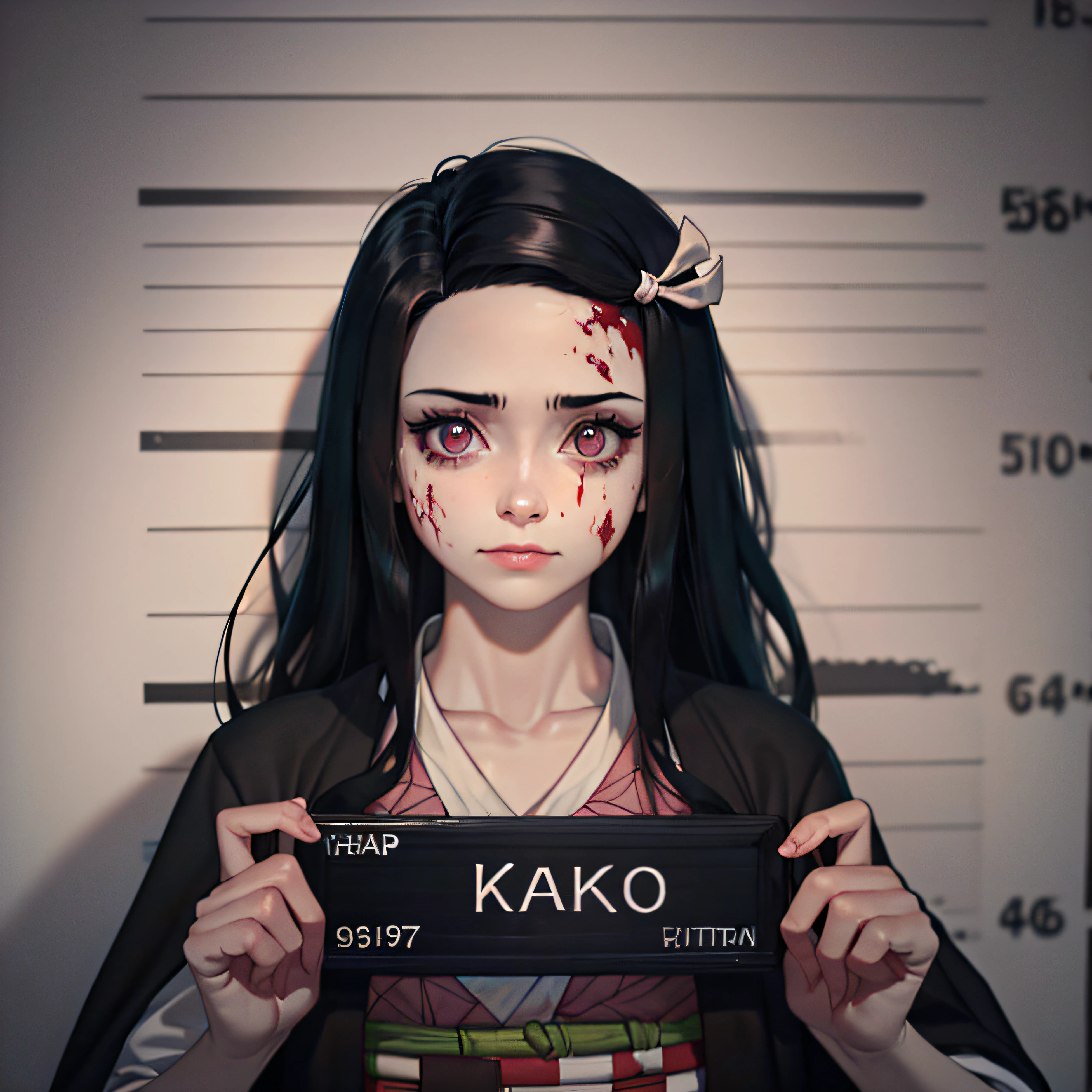 corpse, sinister, female, thin, pale, looking at the camera, ultra realistic, fully detailed, cemetery environment, bright eyes, white dress torn and stained with blood, bones exposed, putrid wounds, sensual, terrifying, bruised by the body, exposed fracture in the collarbone, slight smile, super detailed, white eyes,gun shots in the body, black hair, Nezuko Kamado, Kimono