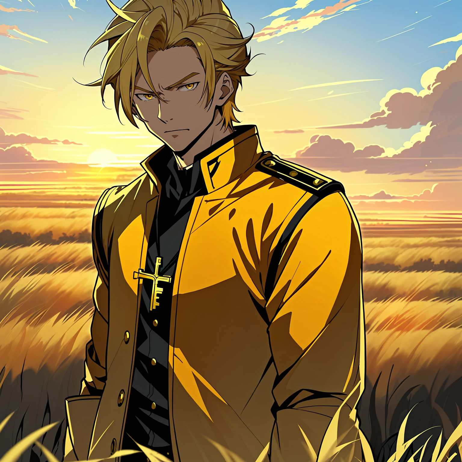 Handsome cartoon man in rye field against sunrise background，Blonde hair，yellow-eyed，Manteau blanc，Gold trim, Anime handsome avatar,with a sacred feeling，Official illustration, offcial art, young anime man, Key anime art