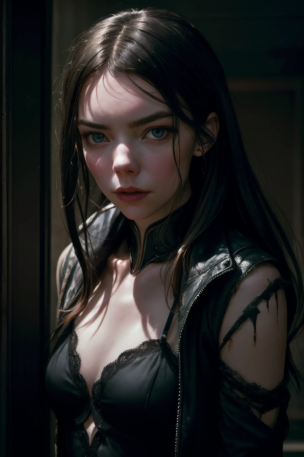 "Generate an AI image depicting Anya Taylor-Joy with a sinister and malevolent demeanor, embodying the character of an evil ripper."