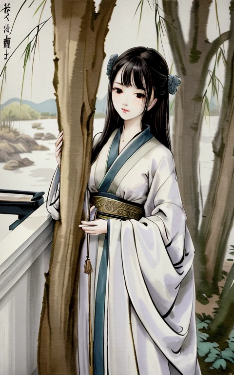 shukezouma, Negative space, , shuimobysim , Portrait of a woman standing , Willow branches, (Masterpiece, Best quality:1.2), Traditional Chinese Ink Painting, (Traditional Chinese painting), monochrome, ModelShoot style, Peaceful, (Smile), view the viewer, wearing long hanfu, Hanfu, Song, Willow tree in background, wuchangshuo, Distant mountains, Small lake, gazebo, Lonely boats,