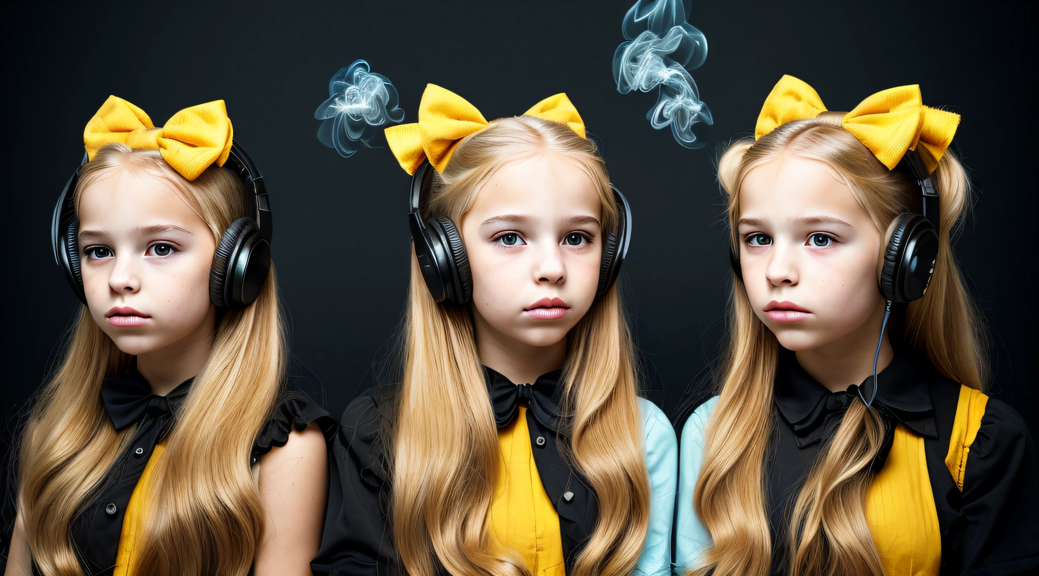 two BLONDE girls with bows on their heads and one wearing a BLACK dress, HEADPHONES FIRE AND FIRE. smoke billowing, gemini twins portrait, faixa de cabelo AMARELO,