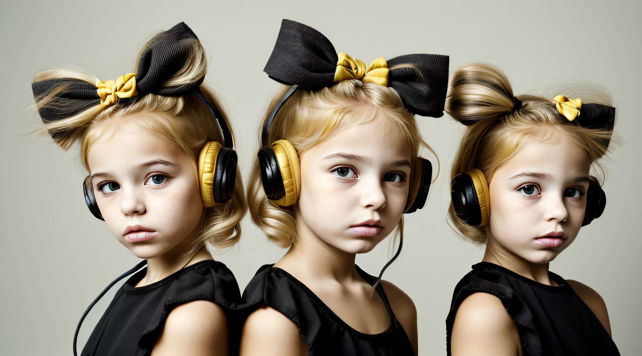 two BLONDE girls with bows on their heads and one wearing a BLACK dress, HEADPHONES FIRE AND FIRE. smoke billowing, gemini twins portrait, faixa de cabelo AMARELO,