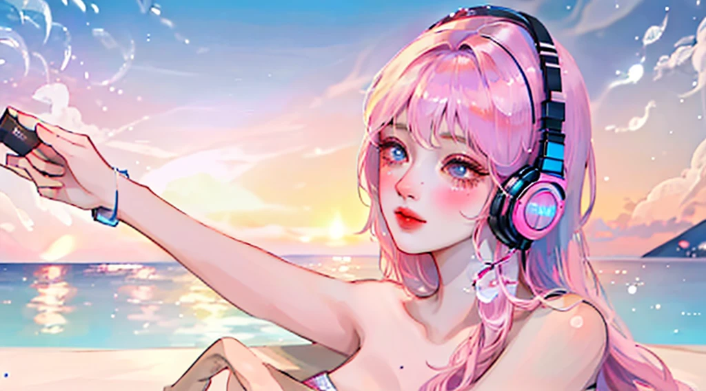 (best quality,4k,highres:1.2),ultra-detailed,realistic,beautiful girl,drinking,a can of pink and blue can with "BYSELF" on it,at home,relaxed,blushing,sparkling,leisurely,enjoying,a hint of intoxication,product photography,headset