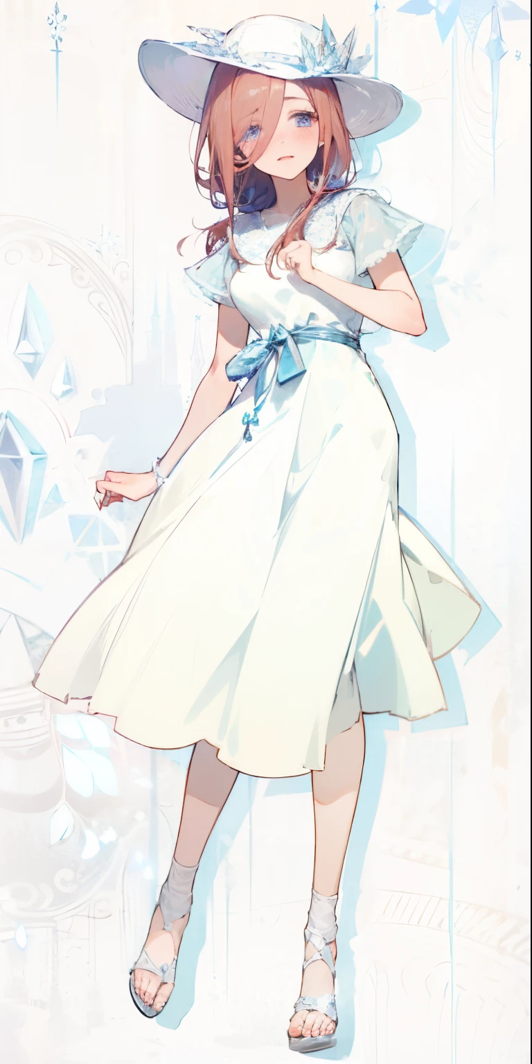 Miku Nakano, shy, blushing, cute, 4k, high quality, highly detailed, miku Nakano, flowing white slong skirt, white top with volant short sleeves, cute hat, flowers as a hairtie, sandals. Perfect face, highly detailed, perfect anatomy. Crystal, ice crystal aesthetic, frozen, crystal dress, crystal ice glass shoes, ice princess, crystal princess, sparkle, splendid, crystal, evanescent, enchanting, translucent, iridescent