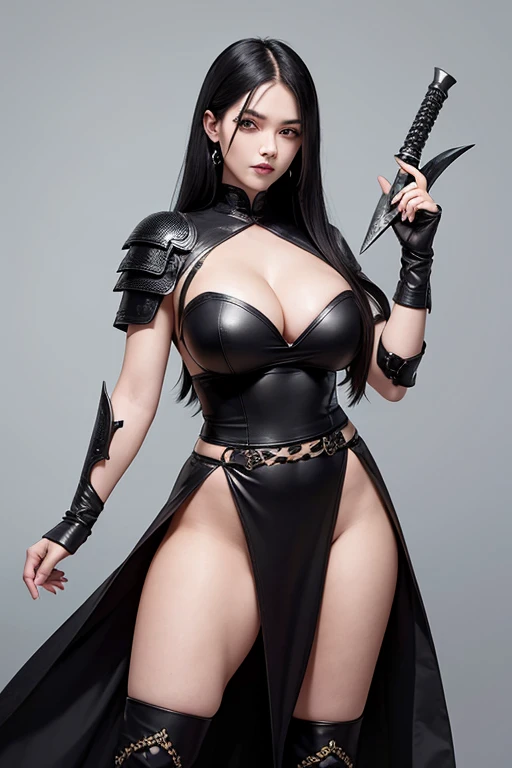 a oriental gothic rogue carrying a pair of dagger using a black leather armour with long black hair green eyes and curvy body