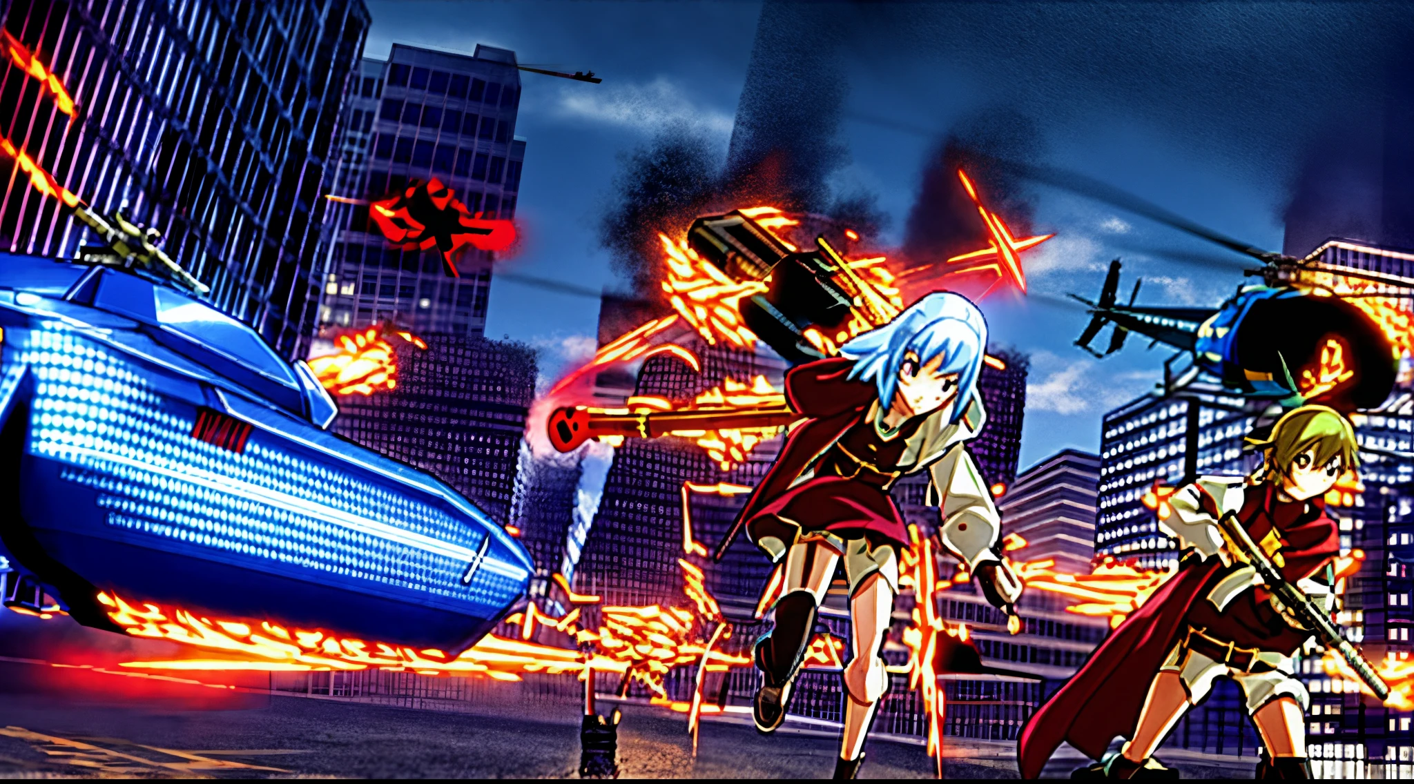 anime characters in a city with a helicopter and a tank, anime machine gun fire, blue archive, blue archive style, fine details. blue archive, pc screenshot, from the gta 5 videogame, blue archive style, blue archive, video game screenshot>, saori blue archive, from blue archive, anime bullet vfx