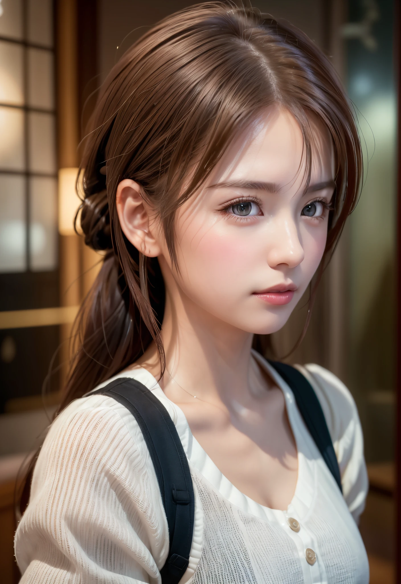 8K, of the highest quality, masutepiece:1.2), (Realistic, Photorealsitic:1.37), of the highest quality, masutepiece, Beautiful young woman, Pensive expression,、A charming、and an inviting look, Cute Maid Clothes, Hair tied back, Cinematic background, Light skin tone