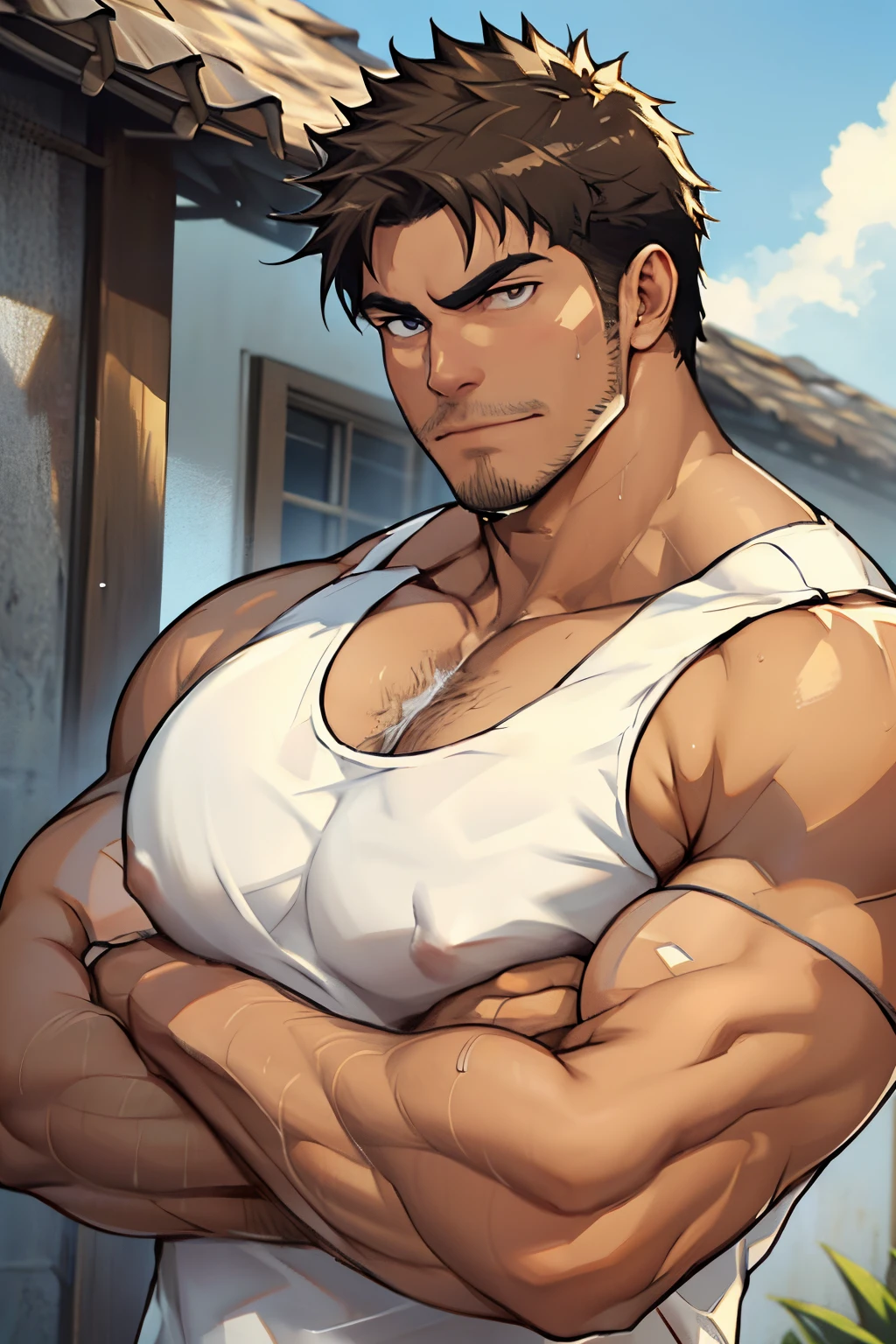 absurderes, hight resolution, 1male people, Yaoi, Stubble,clothes down, matured male, beefy,thick eyebrow, drooping corners of the eyes、40-year-old dad、Male Focus, (breast closeup:1.5), Detailed body,Ultra-detailed eyes,hyperdetailed face,(All Back Hair:1.2)、(Very short hair:1.2),hyper pecs,(Soft smile:1.2),Perfect litthing,(Wearing a white tank top:1.2)、Arms crossed、Sweating