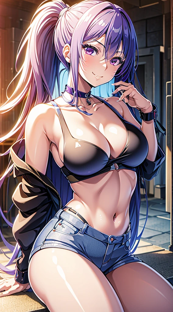 (Enrich the picture,Masterpiece level quality)Beautiful 8K CG artwork,1girl in,solo,akiyama rinko (taimanin),blue hair,ponytail,very long hair,hairclip,purple eyes,sharp eyes,happy smile,large breasts,dog tag,