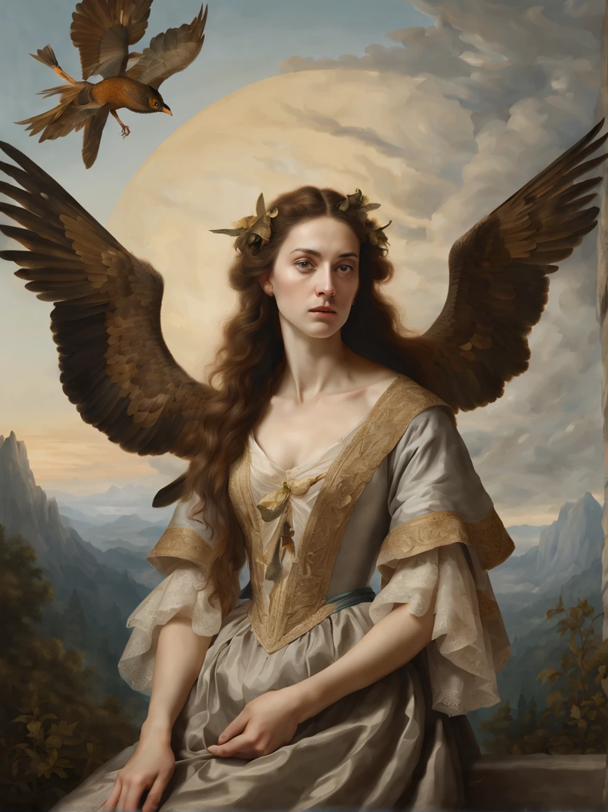 Perfect portrait of a woman with Flora and Fauna, dark color background, subdued background with elegant textile drapery with ornament, all flying in the sky, photorealistic, wide view around this photorealistic matte painting, realistic painting of air and water, in style of Maria Sibylla Merian, Amalie Kärcher, Barbara Regina Dietzsch, John James Audubon, John Gould painting, Osamu Obi style painting, Stephen Bauman style painting, Jacek Malczewski style painting, Albrecht Dürer style painting Painting style of Ricardo Ferandez Ortega, knowledge of anatomy, master pencils and watercolors on paper, unreal engine, hyperreal, surreal art, digital art, digital painting, digital illustration, world made by light, soft lighting, extreme details, National Geographic photo, extremely detailed background, photorealism, dynamic composition, 8k, ultra resolution, cinematic, extreme wide shot, surrealism, maya rendering, maximum detail, uhd, 32k photorealistic resolution, hdr, high octane rendering Cinematic lighting, ultra high definition, artstation, Smooth, sharp focus, Photorealism, Photography, Realistic Detail, Depth of field, 8k, Full HD, 3d, 30 megapixels, Super resolution, octane render, award winning photo, shot on Canon DSLR,