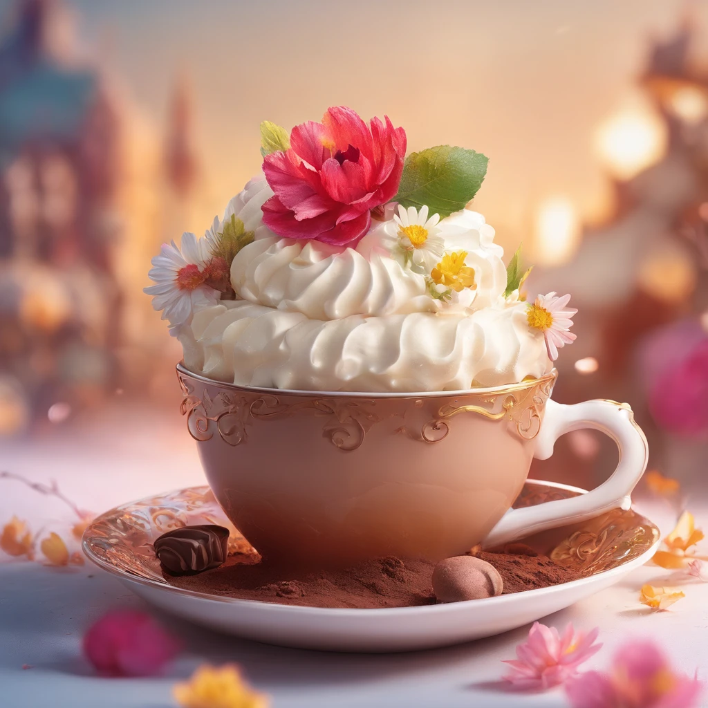 （Close-up of chocolate in tea cup and whipped cream cupcake），（Scoop，fresh flowers）Surrealist stunning food illustrations, amazing composition, Cooking Art Photography, Great food pictures, 3 Illustration, Artwork Baking, cinema 4 d art, Authors：by Marie Bashkirtseff, made with photoshop, 3D Collage, 3 d epic illustrations, beeple. hyperphotorealism