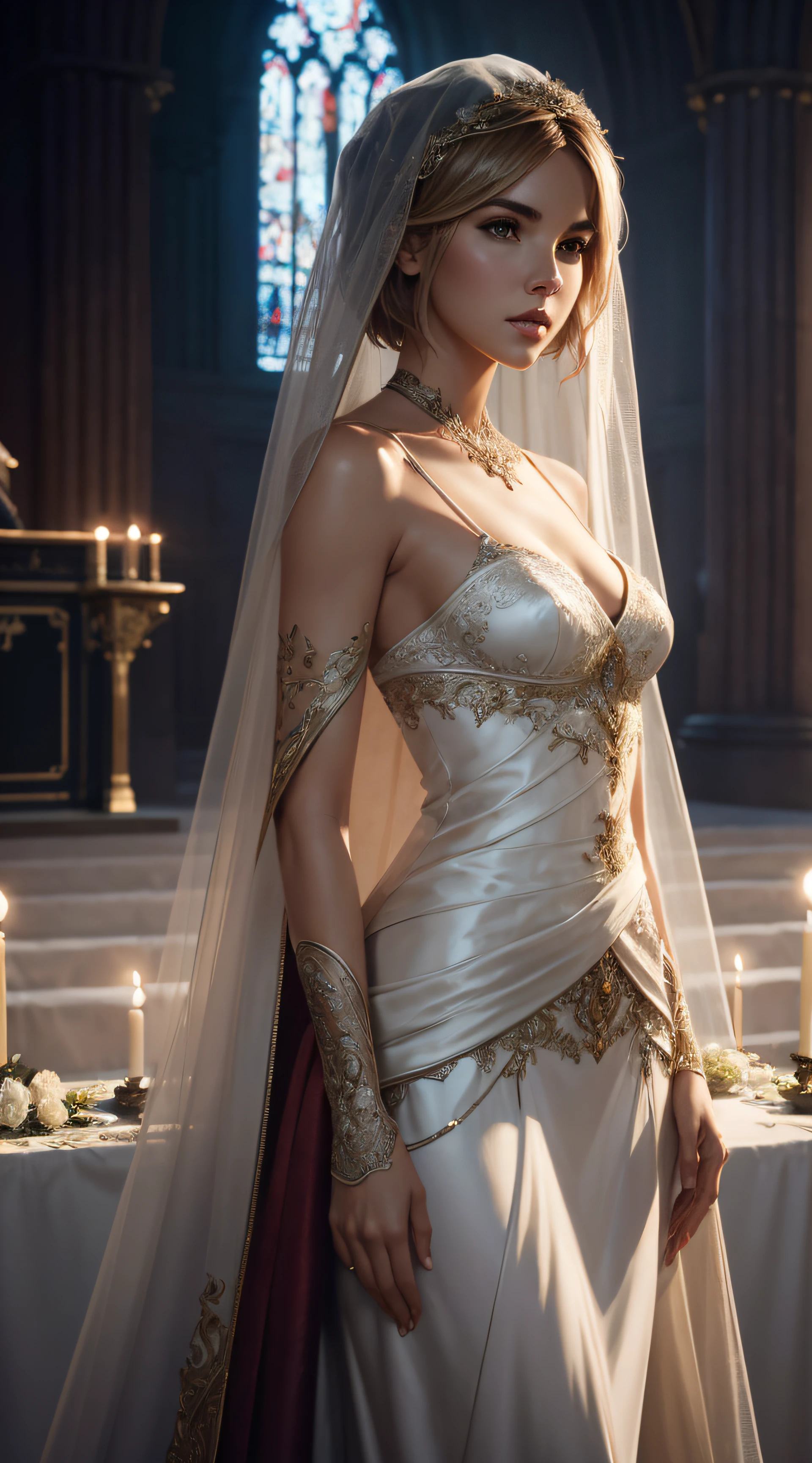 Arielle Kebbel, veil bride sexy clothes, stand in front of the altar, character portrait, 3 9 9 0 s, short hair, intricate, elegant, highly detailed, digital painting, artstation, concept art, smooth, sharp focus, illustration, art by wlop, charlie bowater and alexandra fomina