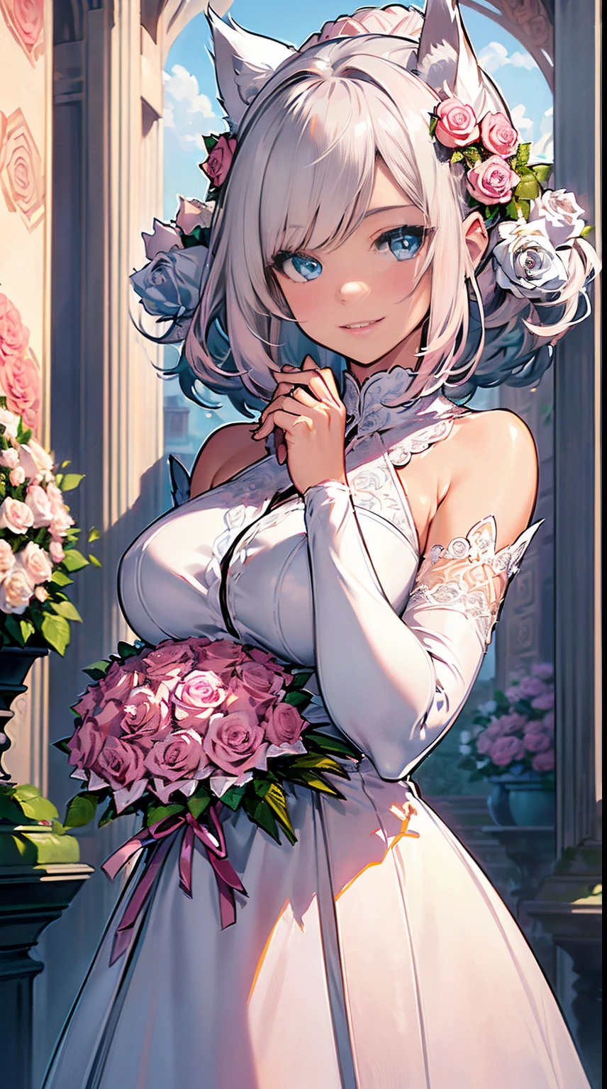 (((masterpiece))), (((highest quality))), ((ultra-detailed)), ((super fine illustration)), ((ultra-fine painting)), (upper body:1.2), Highly detailed and delicate illustration style, detailed skin texture, detailed cloth texture, detailed rose texture, detailed wood texture, extreme detailed description, (T-masterpiece), ((highly detailed face)), original, raw photo, professional, Intricate details, super details, intricate ornament details, perfect anatomy, (16-year-old), real, (Solo), (A very beautiful and cute silver fox princess with blue eyes) BRAKE ((beautiful silver fox ears)), (beautiful silver fox tail), Beautifully shaped small breasts, Beautifully shaped small buttocks, (beautiful and shiny short silver hair:1.1), (Beautiful clear blue eyes:1.1), (detailed beautiful clear eyes:1.6), (Smile:1.2), Standing, Celebration, beautiful hands and fingertips BRAKE (Highly detailed and delicate luxurious but understated princess dress to wear at a festive occasion:1.2) BRAKE ((Holding in both hands a large bouquet of highly detailed and delicate ((white and pink roses)):1.2)), BRAKE (Daytime sun), Celebration, ((Highly detailed and delicate white rose and pink rose garden background:1.2)), (Highly detailed and delicate royal palace courtyard background in early afternoon in spring), (8K highest quality wallpaper), (Highly detailed and delicate background:1.2) BRAKE
