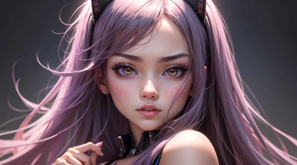female vampire, white skin, bloody fangs, purple hair, violet eyes, playing a video game. --auto --s2