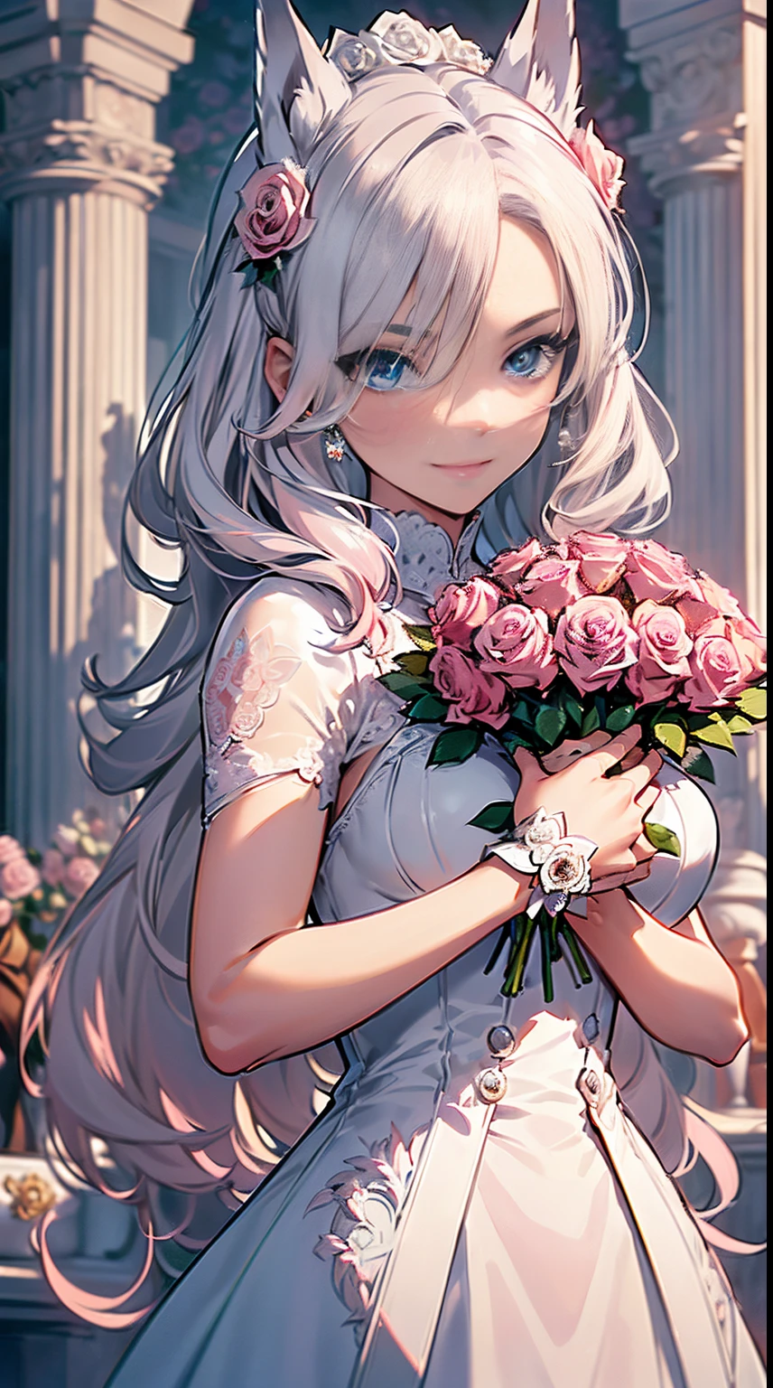 (((masterpiece))), (((highest quality))), ((ultra-detailed)), ((super fine illustration)), ((ultra-fine painting)), (upper body:1.2), Highly detailed and delicate illustration style, detailed skin texture, detailed cloth texture, detailed rose texture, detailed wood texture, extreme detailed description, (T-masterpiece), ((highly detailed face)), original, raw photo, professional, Intricate details, super details, intricate ornament details, perfect anatomy, (16-year-old), real, (Solo), (A very beautiful and cute silver fox princess with blue eyes) BRAKE ((beautiful silver fox ears)), (beautiful silver fox tail), Beautifully shaped small breasts, Beautifully shaped small buttocks, (beautiful and shiny short silver hair:1.1), (Beautiful clear blue eyes:1.1), (detailed beautiful clear eyes:1.6), (Smile:1.2), Standing, Celebration, beautiful hands and fingertips BRAKE (Highly detailed and delicate luxurious but understated princess dress to wear at a festive occasion:1.2) BRAKE ((Holding in both hands a large bouquet of highly detailed and delicate ((white and pink roses)):1.2)), BRAKE (Daytime sun), Celebration, ((Highly detailed and delicate white rose and pink rose garden background:1.2)), (Highly detailed and delicate royal palace courtyard background in early afternoon in spring), (8K highest quality wallpaper), (Highly detailed and delicate background:1.2) BRAKE
