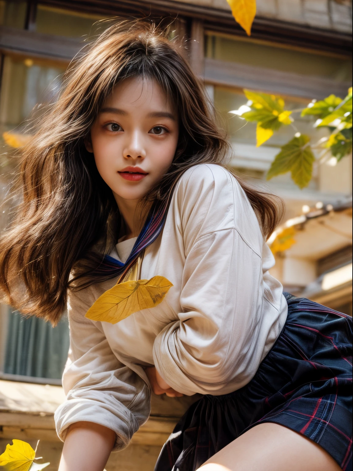 masterpiece、8K、32K、top-quality、(A detailed eye)、(A cute Japanese woman、bangss)、23years old、1 girl in、elegent、(Detailed background depiction、portlate:1.2)、(sailor shirt、plaid bustle skirt)、(yellow fallen leaves:1.1)、cowboy shot、ssmile、(Angle from directly below:1.4)