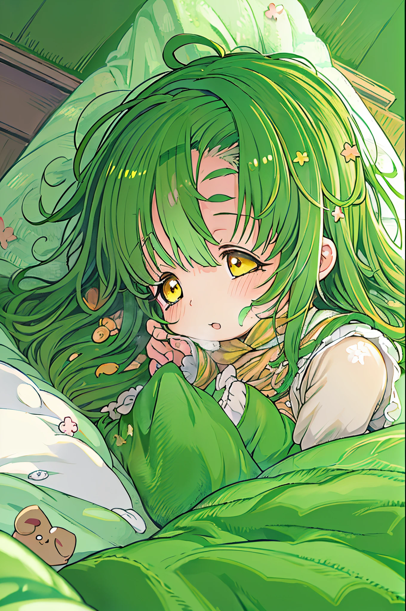 Anime girl lying on bed with green sheets and green blanket, Cute anime girl, cute kawaii girl, Cute Anime, extremely cute anime girl face, Anime visuals of cute girls, Cute anime face, (Anime Girl), Lying in bed, sleepy expression,