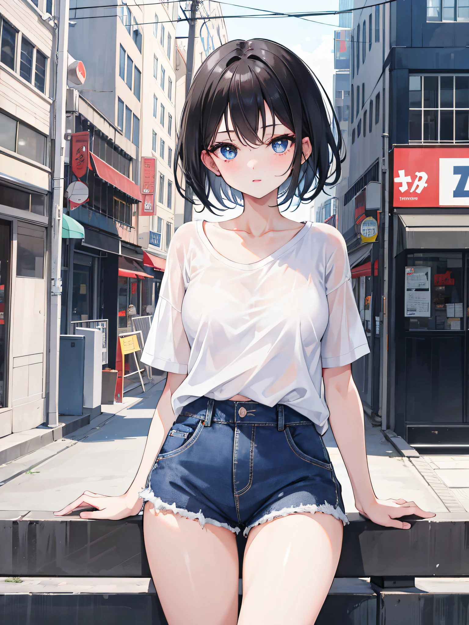 1girl, short black hair, blue eyes, wearing plain white shirt, denim shorts, city, absurdres, high res, ultrasharp, 8K, masterpiece, looking at viewer