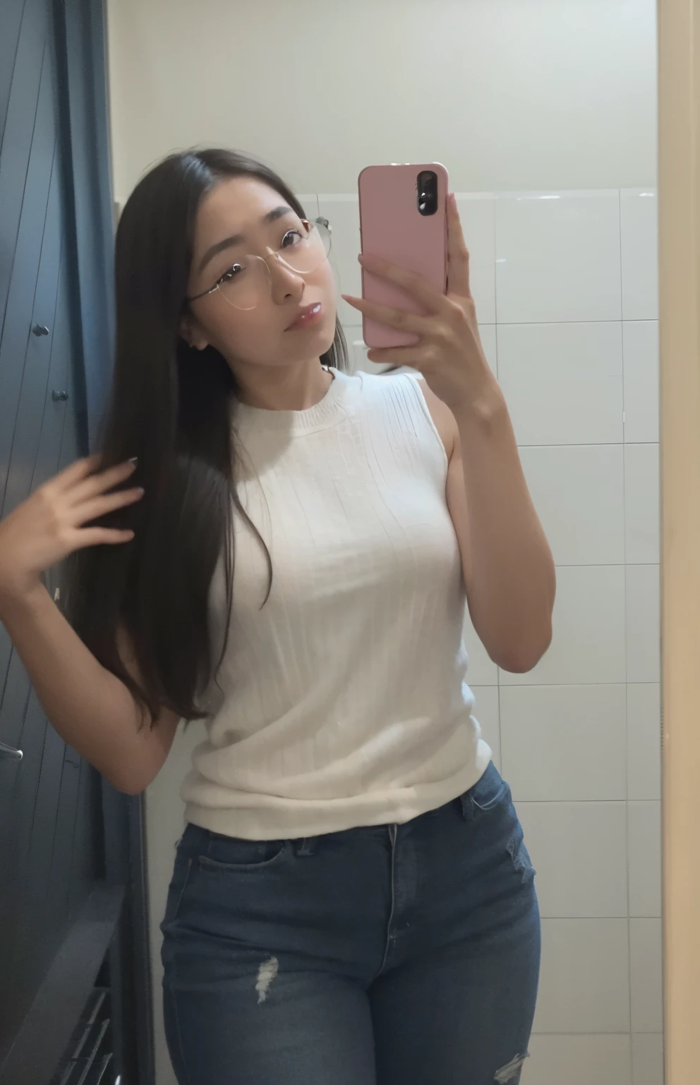 there is a woman taking a selfie in a bathroom mirror, 18 anos, Imagem, em torno de 1 9 anos, foto fit, 2 3 anos, 2 2 anos, foto de baixa qualidade, 21 anos, 2 7 anos, imagem frontal, 2 8 anos, cerca de 20 yo, 1 6 anos, Ayahausca