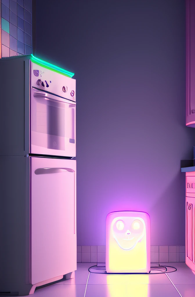 Haunted Microwave,Has a weird and supernatural appearance,(Glow from the inside out), An atmosphere suggesting that the toaster is possessed by a ghost..., dim kitchen background, Spooky like, supernatural elements in images, Ethereal, (floating food),illuminations,Best quality at best,tmasterpiece,(pastel colour:1.2)