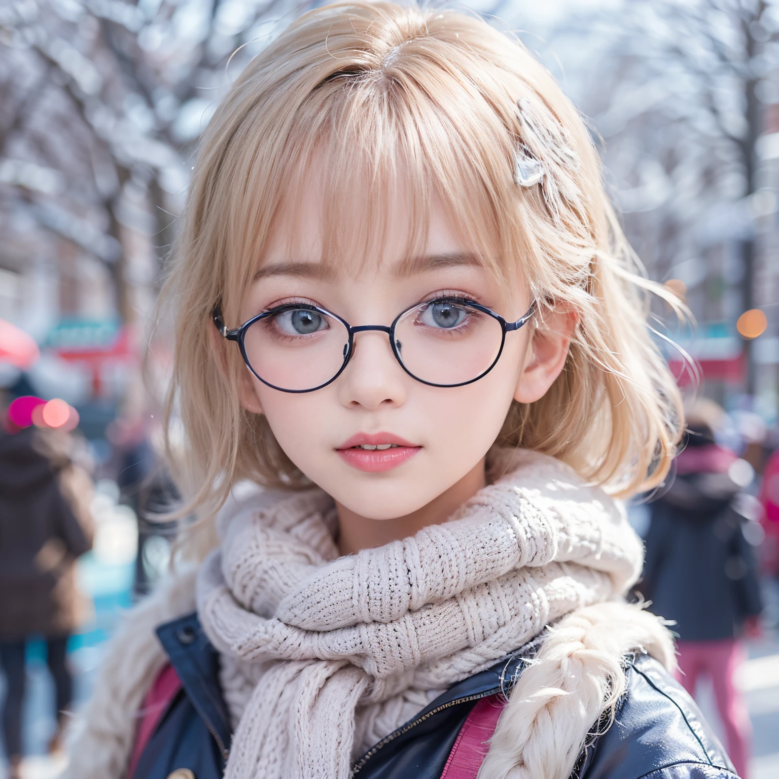 Best-quality, Masterpiece, Ultra-High-Resolution, (Photorealistic:1.4), Raw-Photo, Extremely-Details, Perfect-Anatomy,
in winter schoolyard,
1girl, the most popular Japanese idol, (wearing Japanese high-school winter uniform, muffler with cute design, glasses with cute design), face focus, close-up, innocent smile, looking at viewer,
extremely cute face like a most famous Japanese idol, extremely beautiful big black solid eyes, extremely beautiful blonde short-cut-haired, extremely beautiful realistic white skins, extremely beautiful wet lips,
detailed glasses, detailed Japanese high-school winter uniform, detailed muffler with cute design