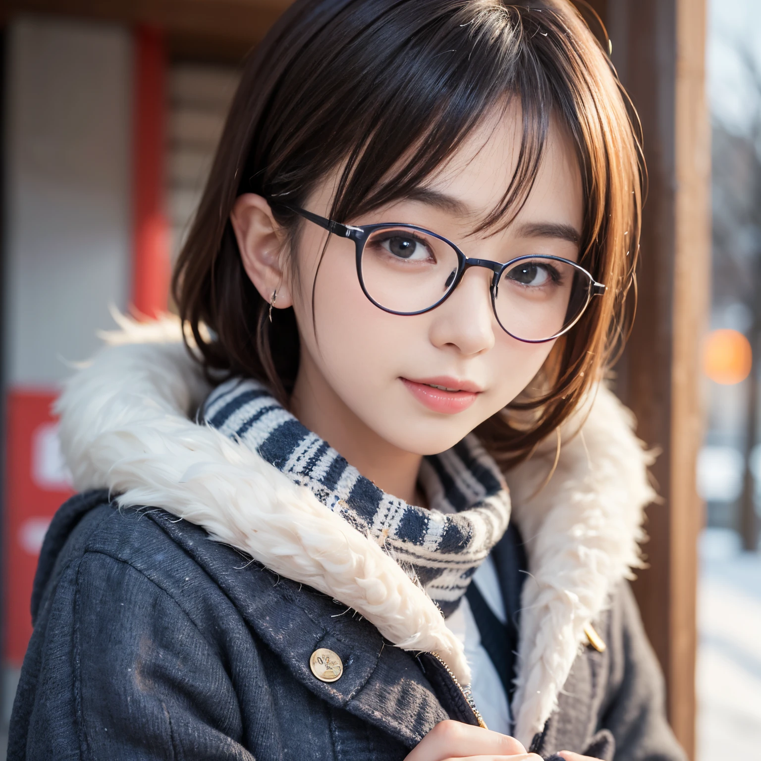 Best-quality, Masterpiece, Ultra-High-Resolution, (Photorealistic:1.4), Raw-Photo, Extremely-Details, Perfect-Anatomy,
in winter schoolyard,
1girl, the most popular Japanese idol, (wearing Japanese high-school winter uniform, muffler with cute design, glasses with cute design), face focus, close-up, innocent smile, looking at viewer,
extremely cute face like a most famous Japanese idol, extremely beautiful big black solid eyes, extremely beautiful blonde short-cut-haired, extremely beautiful realistic white skins, extremely beautiful wet lips,
detailed glasses, detailed Japanese high-school winter uniform, detailed muffler with cute design