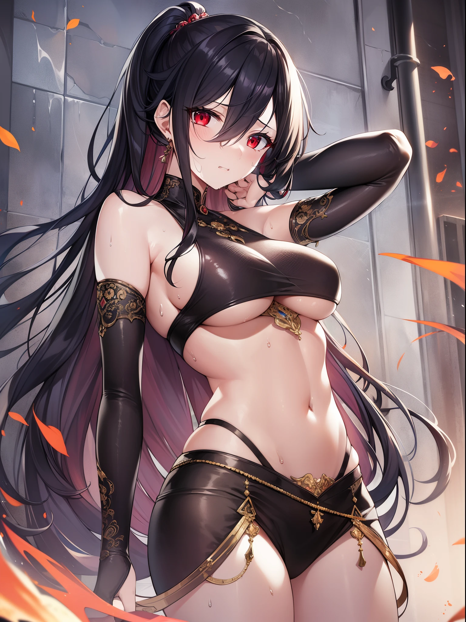 (masterpiece, best quality),  intricate details, 8k, artstation, wallpaper, official art, splash art, sharp focus,
1girl,    solo,     akame, red eyes, black hair, very long hair, hair between eyes,bare houlders, 
 cropped-fc, underboob, midriff, sweat, sweating,