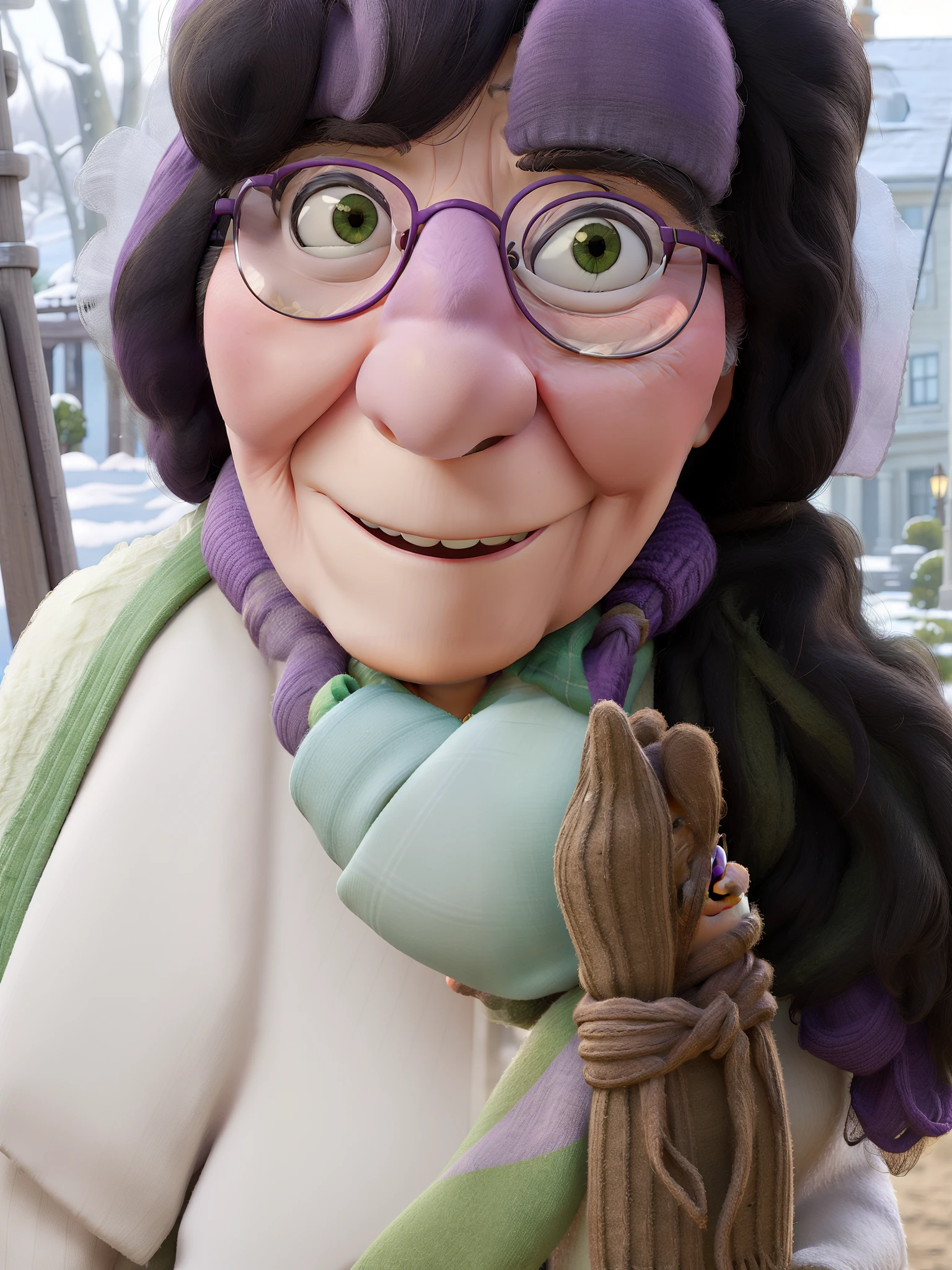 masterpiece, best quality, an old woman with glasses and a scarf on, wearing a purple coat and green scarf, standing at the park