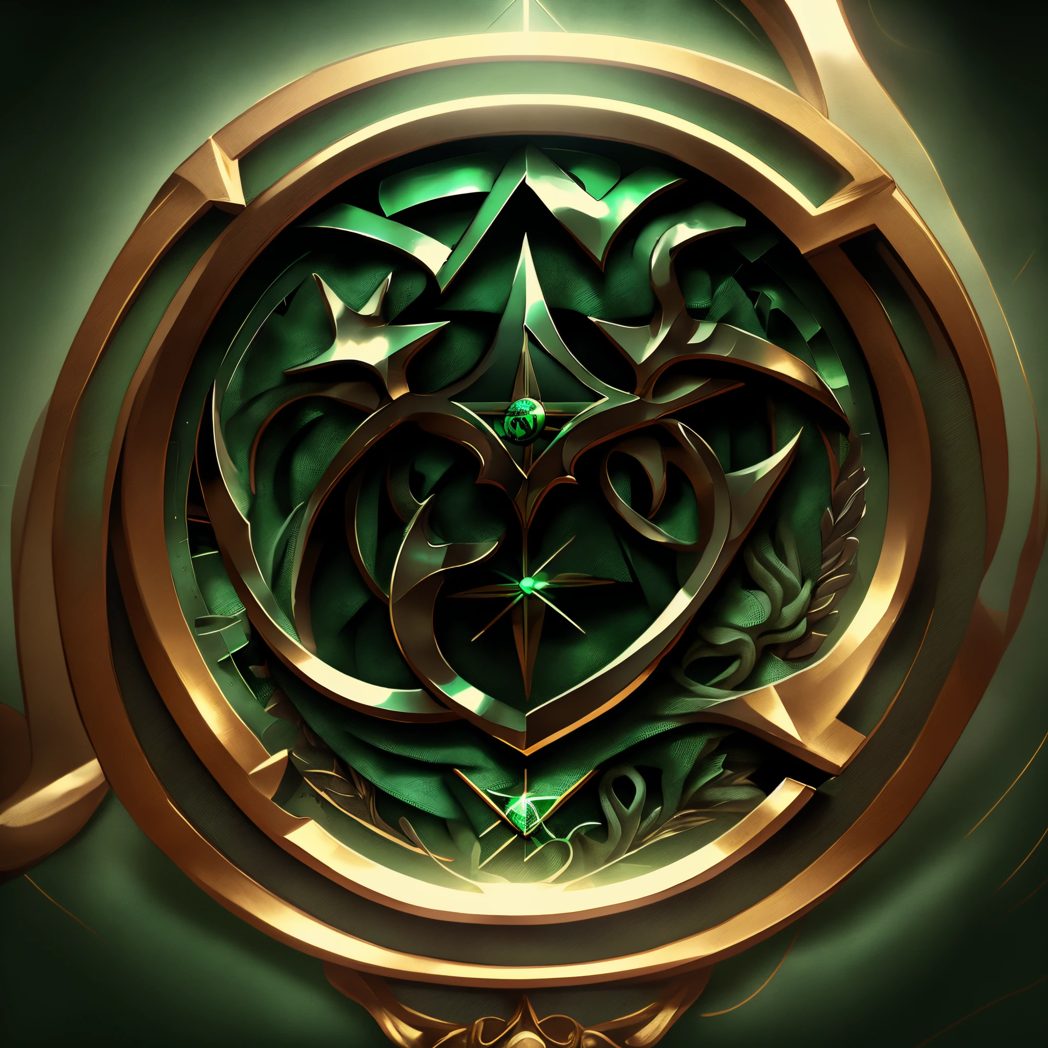 Create a dark green coat of arms. Inside the coat of arms, insert icon of an atom in metallic style, e a palavra "LUMOS", also metallic.