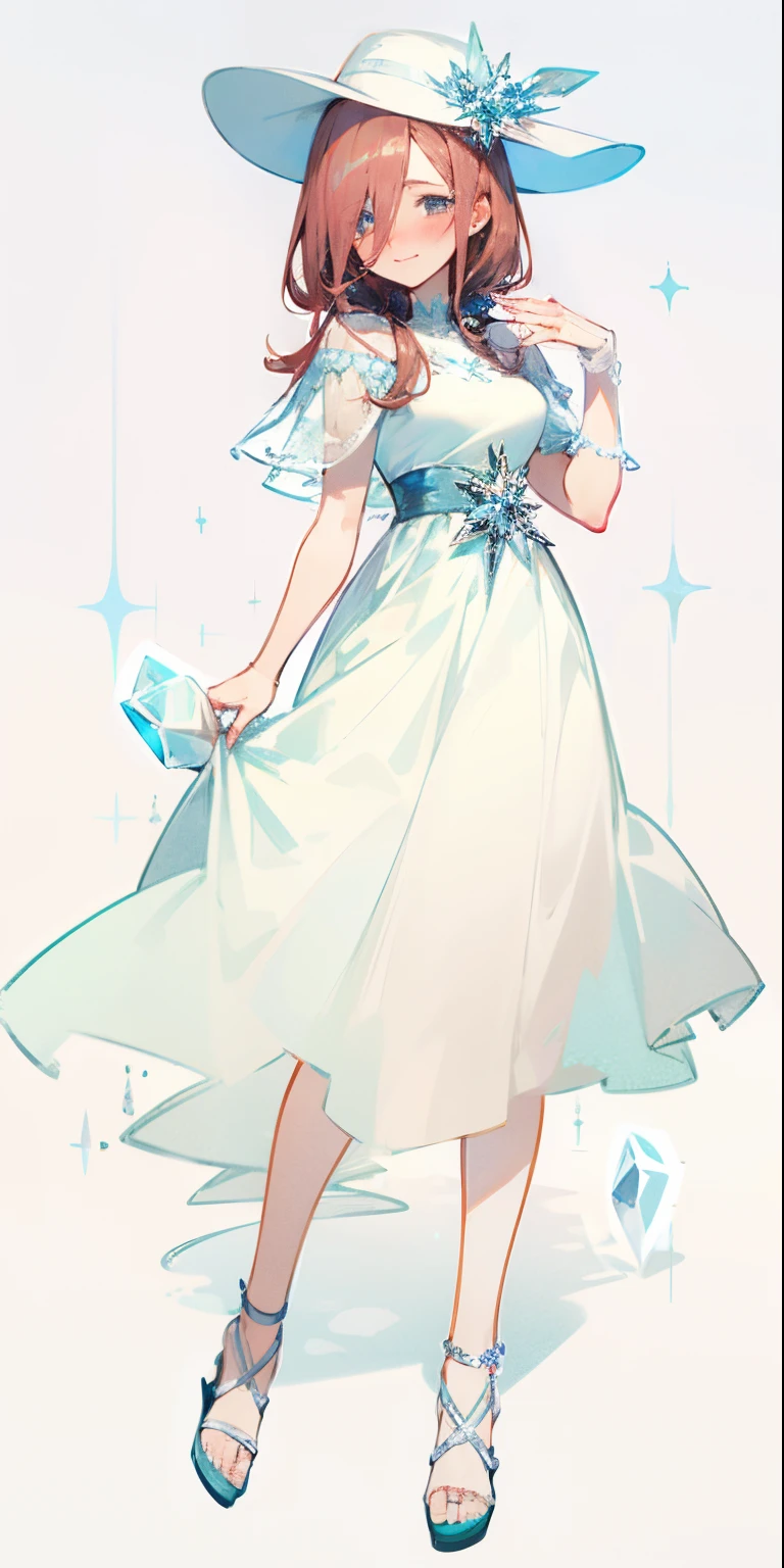 Miku Nakano, shy, blushing, cute, 4k, high quality, highly detailed, miku Nakano, flowing white slong skirt, white top with volant short sleeves, cute hat, flowers as a hairtie, sandals. Perfect face, highly detailed, perfect anatomy. Crystal, ice crystal aesthetic, frozen, crystal dress, crystal ice glass shoes, ice princess, crystal princess, sparkle, splendid, crystal, evanescent, enchanting, translucent, iridescent
