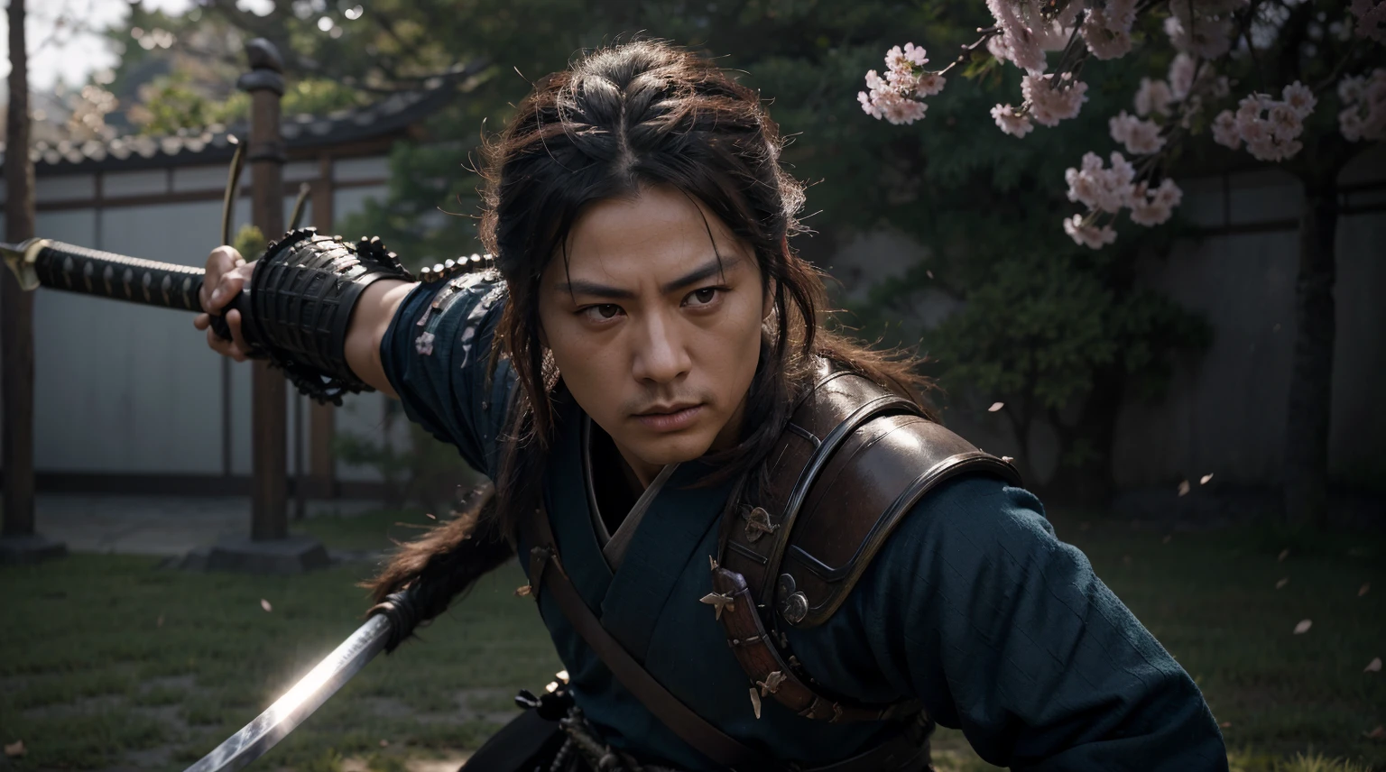 A realistic representation of Miyamoto Musashi, a samurai with a katana, in an epic and cinematic scene. The samurai is depicted in a battle position, ready for combat. The lighting in the scene is predominantly blue, creating a dramatic atmosphere. Ensure that the image is of the best quality, with ultra-detailed features and realistic rendering. Emphasize the intensity and detail of the samurai's eyes, as well as the fine craftsmanship of the katana. Consider incorporating additional elements such as falling cherry blossoms or a misty background to enhance the overall visual impact.