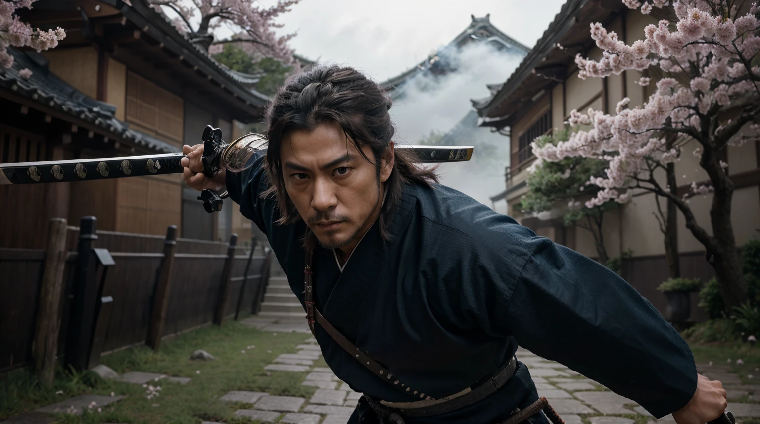 A realistic representation of Miyamoto Musashi, a samurai with a katana, in an epic and cinematic scene. The samurai is depicted in a battle position, ready for combat. The lighting in the scene is predominantly blue, creating a dramatic atmosphere. Ensure that the image is of the best quality, with ultra-detailed features and realistic rendering. Emphasize the intensity and detail of the samurai's eyes, as well as the fine craftsmanship of the katana. Consider incorporating additional elements such as falling cherry blossoms or a misty background to enhance the overall visual impact.