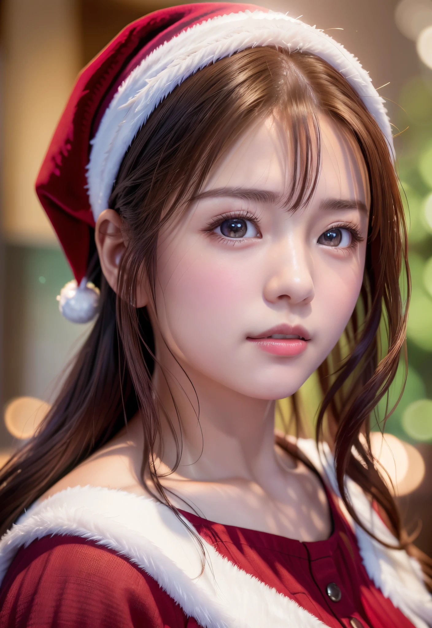 8K, of the highest quality, masutepiece:1.2), (Realistic, Photorealsitic:1.37), of the highest quality, masutepiece, Beautiful young woman, Pensive expression,、A charming、and an inviting look, cute santa clothes, Hair tied back, Cinematic background, Light skin tone