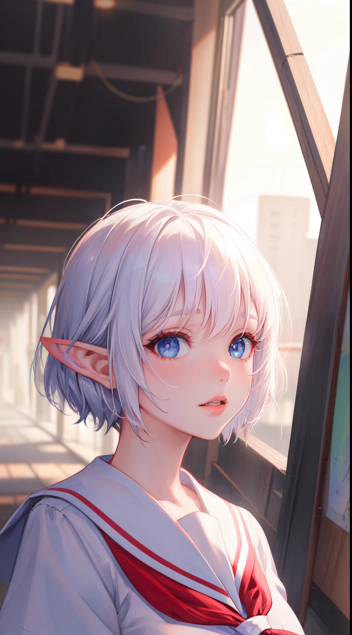 (masterpiece, best quality: 1.2), (ultra-detailed, cinematic lighting), (illustration), (beautiful detailed face, eyes), (elf:1.2) (1girl), Light pink lips, (white hair, sidelock, Pixie cut), Deep Blue Eyes, (school uniform:1.2), upper body, looking at viewer, depth of field, by Artgerm, Yusuke Murata.