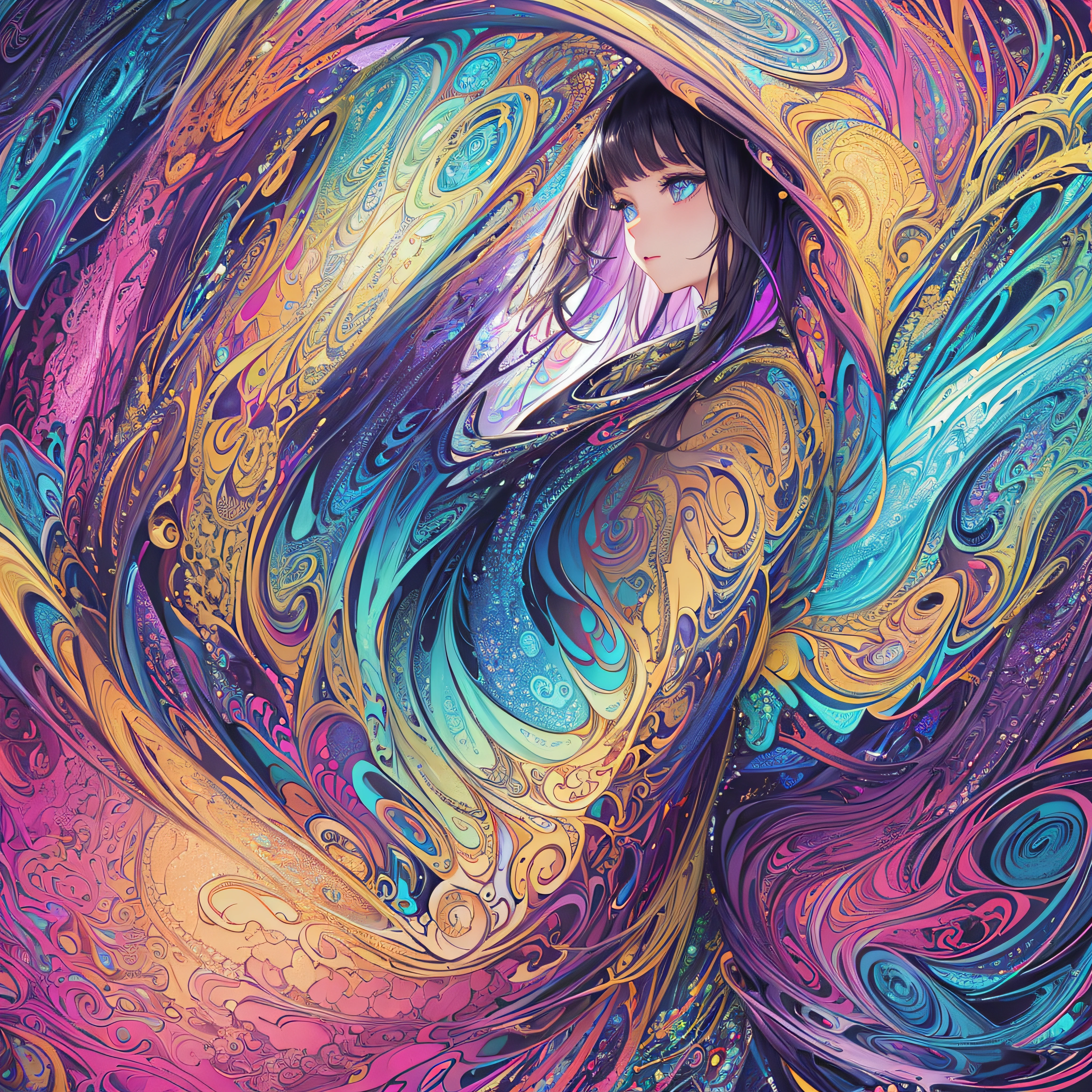 (masterpiece、top-quality、top-quality、Official art、Beautifully Aesthetic:1.2)、Highly detailed fractal art、(colourfull:1.5)、highest details、Zentangle、a closeup、 (1girl in:1.5), 独奏, (dynamicposes), (Abstract background:1.5), (shinny skin),